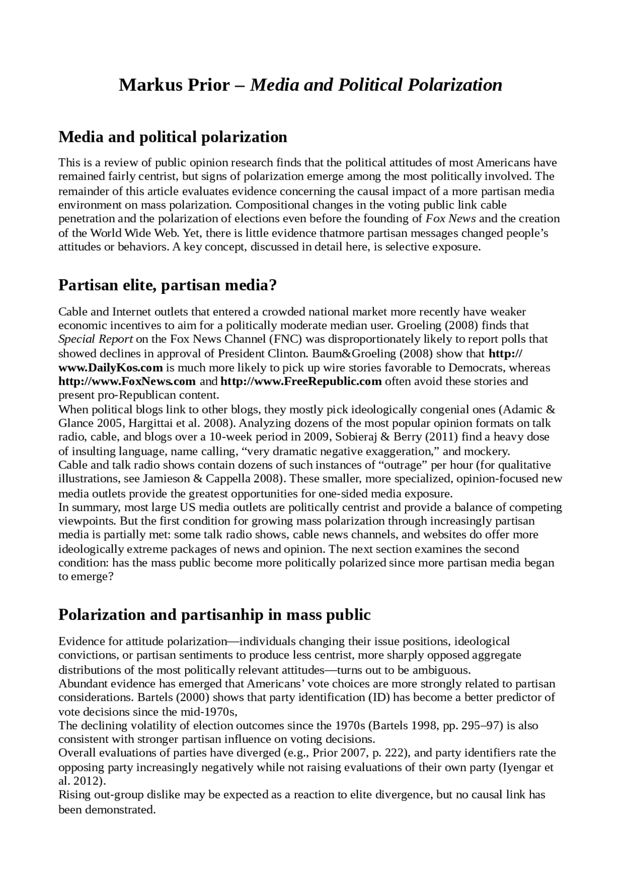 Markus Prior – Media and Political Polarization | Sintesi del corso di ...
