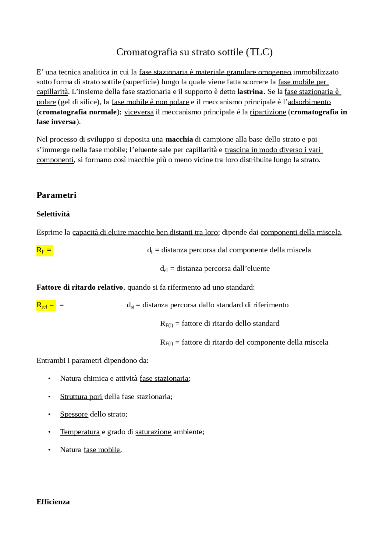Cromatografia su strato sottile Sintesi del corso di Chimica Docsity