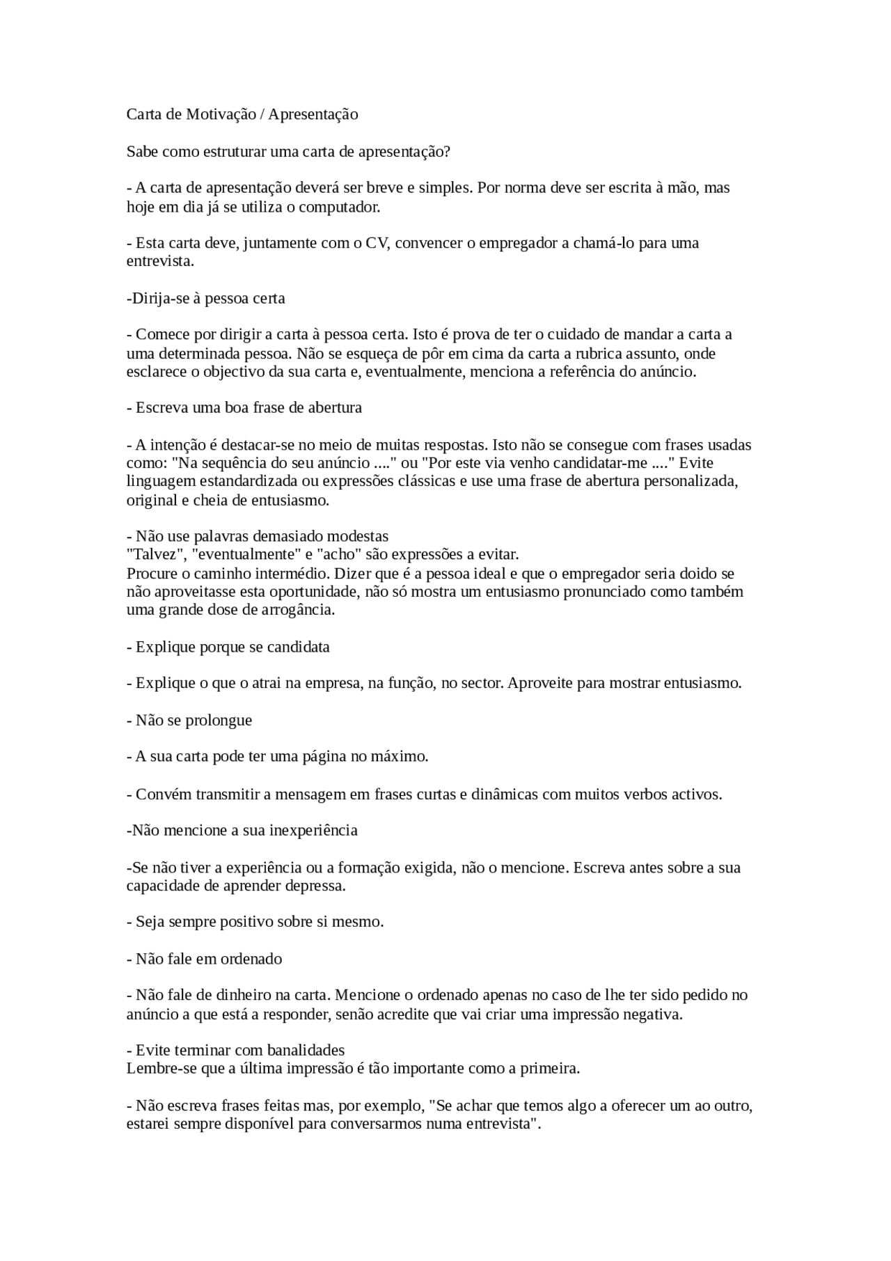 Modelo carta motivação  Docsity