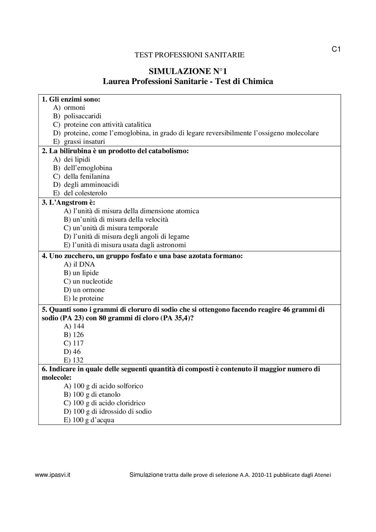 Test professioni sanitarie simulazione n°1 Docsity