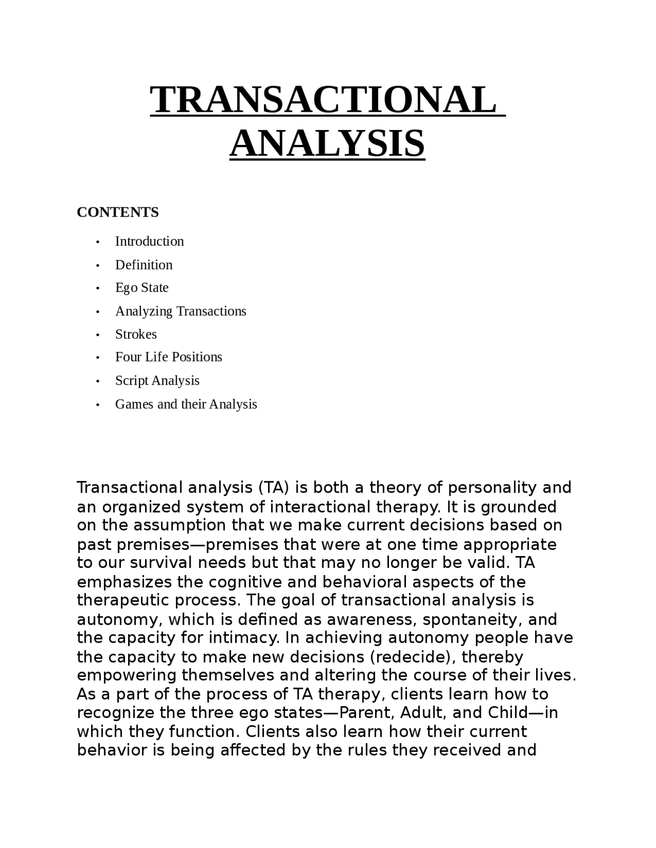 TRANSACTIONAL ANALYSIS - Docsity