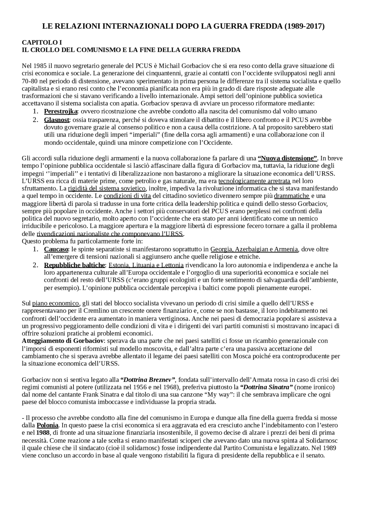 Le Relazioni Internazionali Dopo La Guerra Fredda 1989-2017