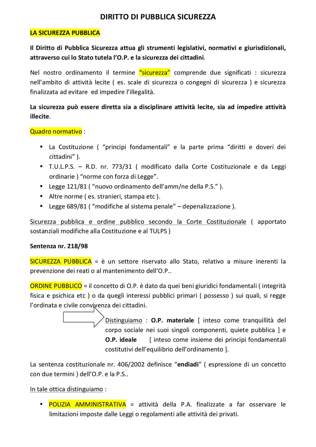 Riassunti Diritto Pubblica Sicurezza Docsity