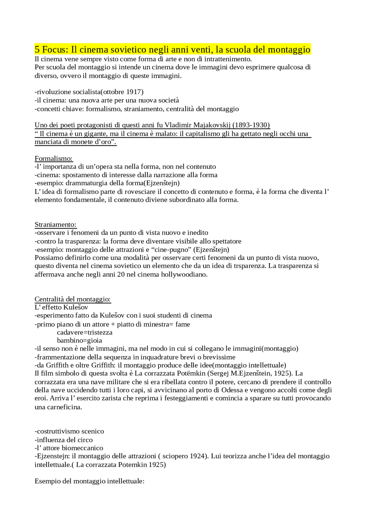 Focus 5 di storia del cinema, scienze della comunicazione unifi Docsity