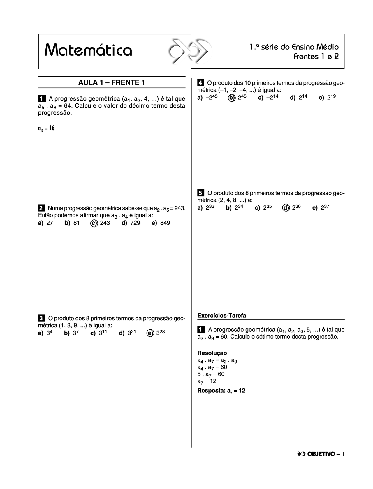 Questões de Matemática 1° ano do Ensino Médio- Objetivo - Docsity