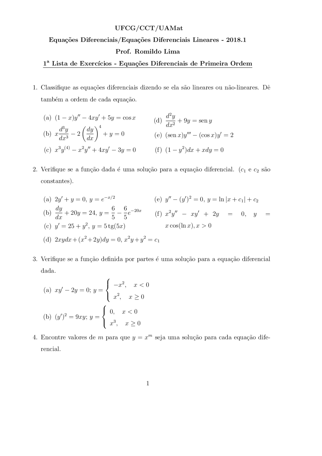 Lista De Exercicos Equacoes Diferenciais Docsity