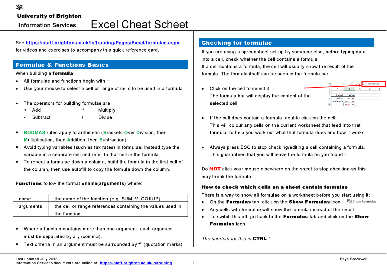 Excel cheat sheet pdf | Cheat Sheet MS Microsoft Excel skills | Docsity