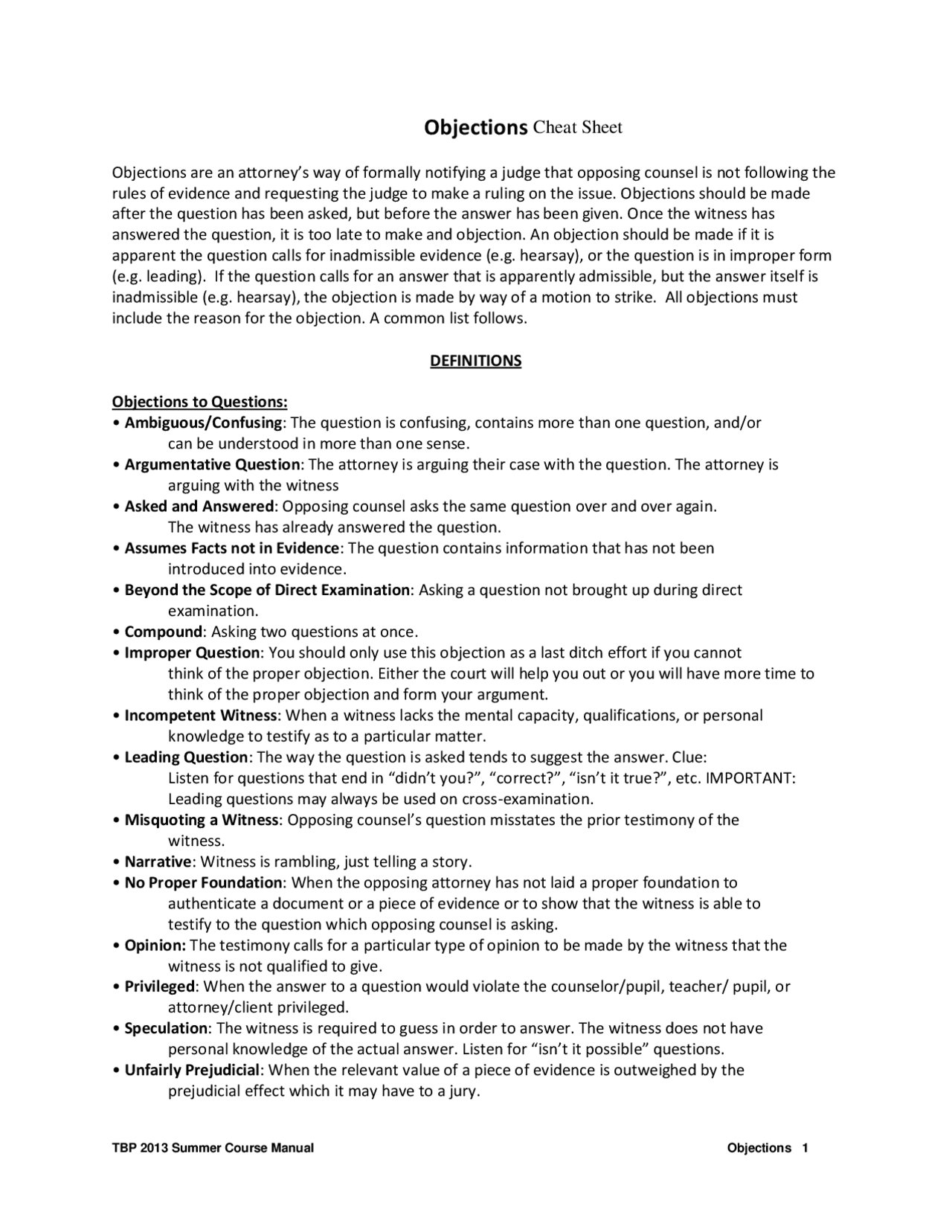 Common Objections In Court Cheat Sheet prntbl.concejomunicipaldechinu