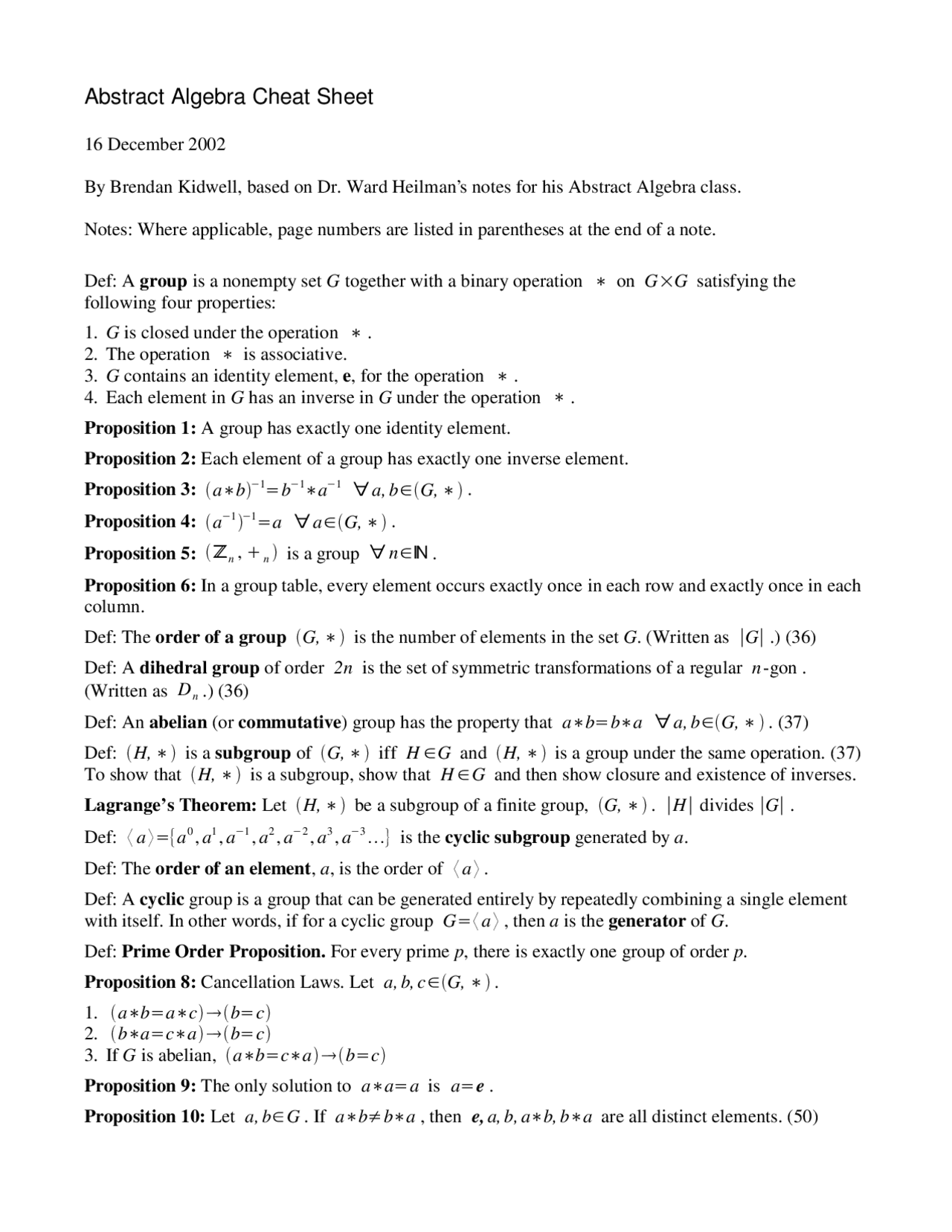 Abstract algebra cheat sheet | Cheat Sheet Algebra | Docsity