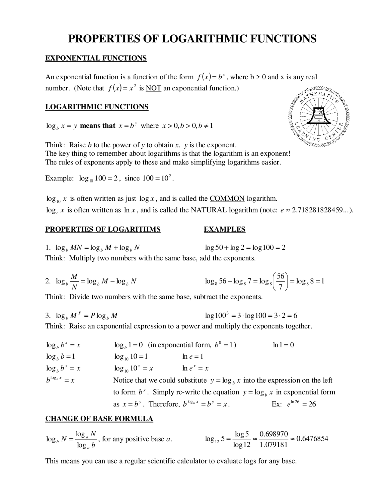 Logarithm properties cheat sheet Docsity