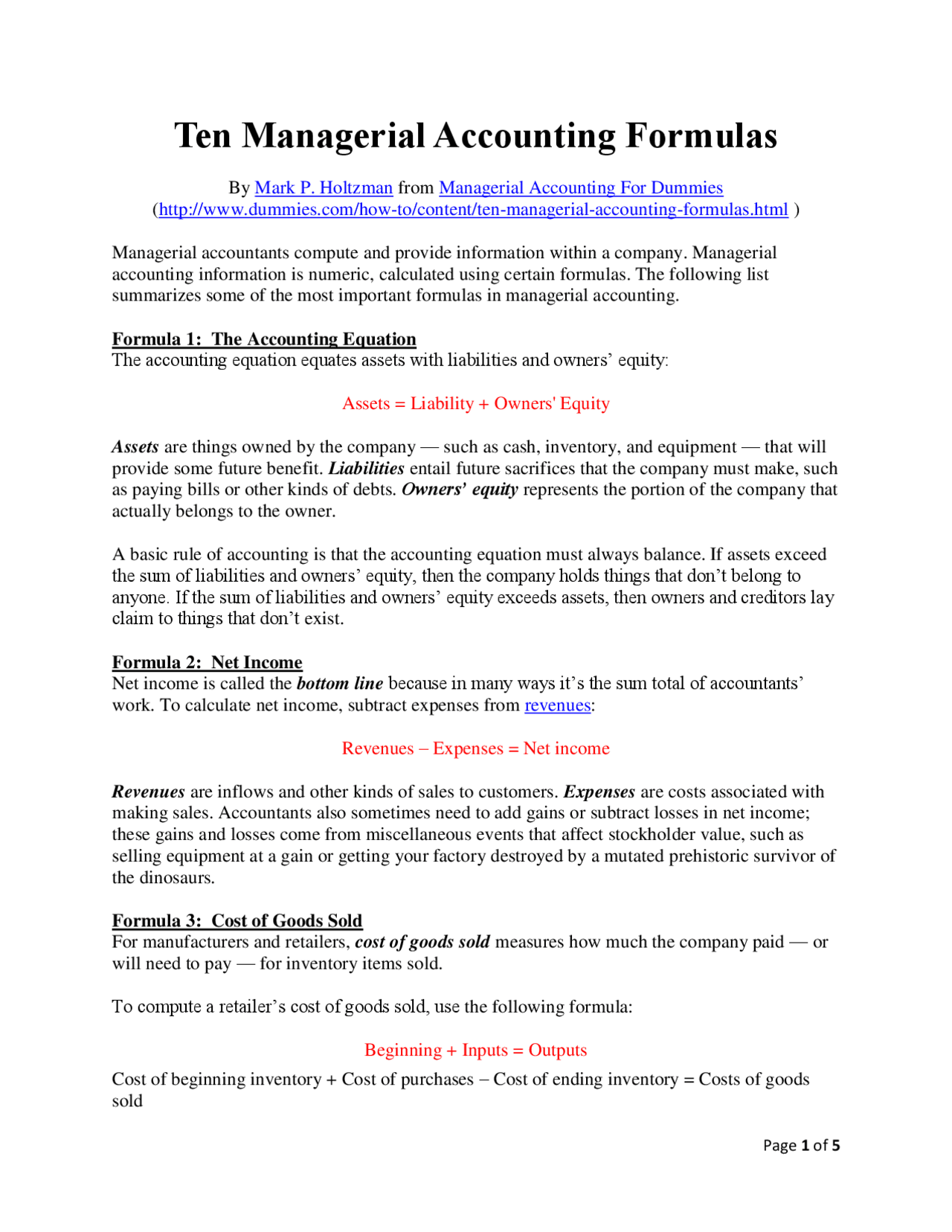 Managerial accounting formulas cheat sheet Docsity