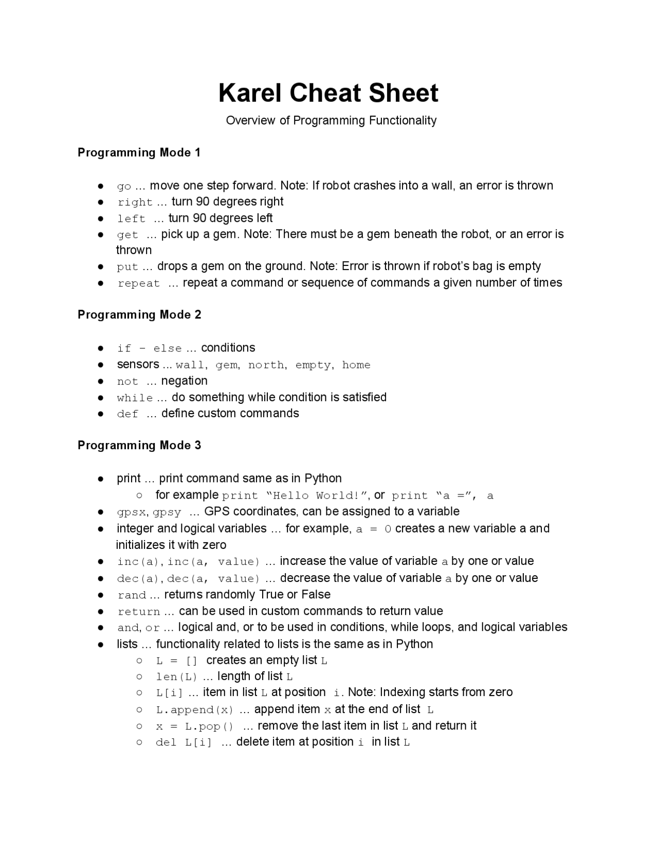 Code hs karel cheat sheet | Cheat Sheet Software Development | Docsity