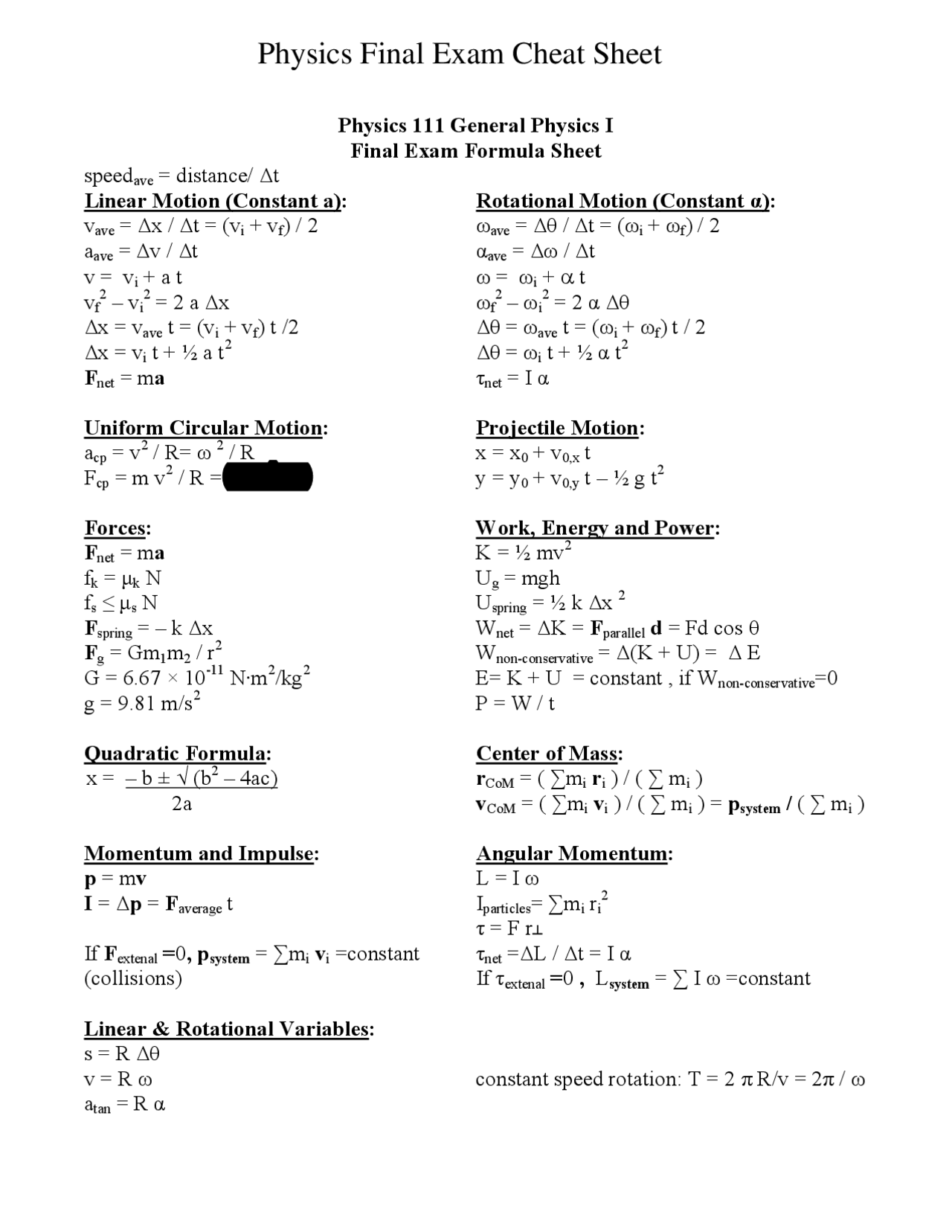 Physics final exam cheat sheet Cheat Sheet Physics Docsity