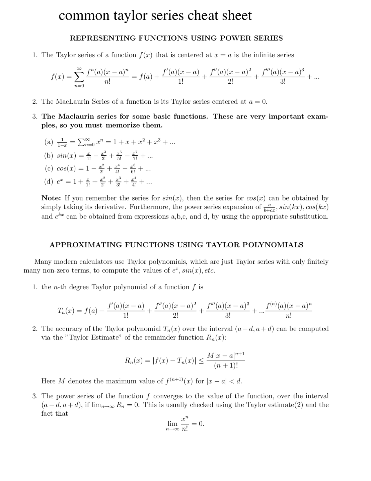 Common taylor series cheat sheet Cheat Sheet Mathematical Analysis