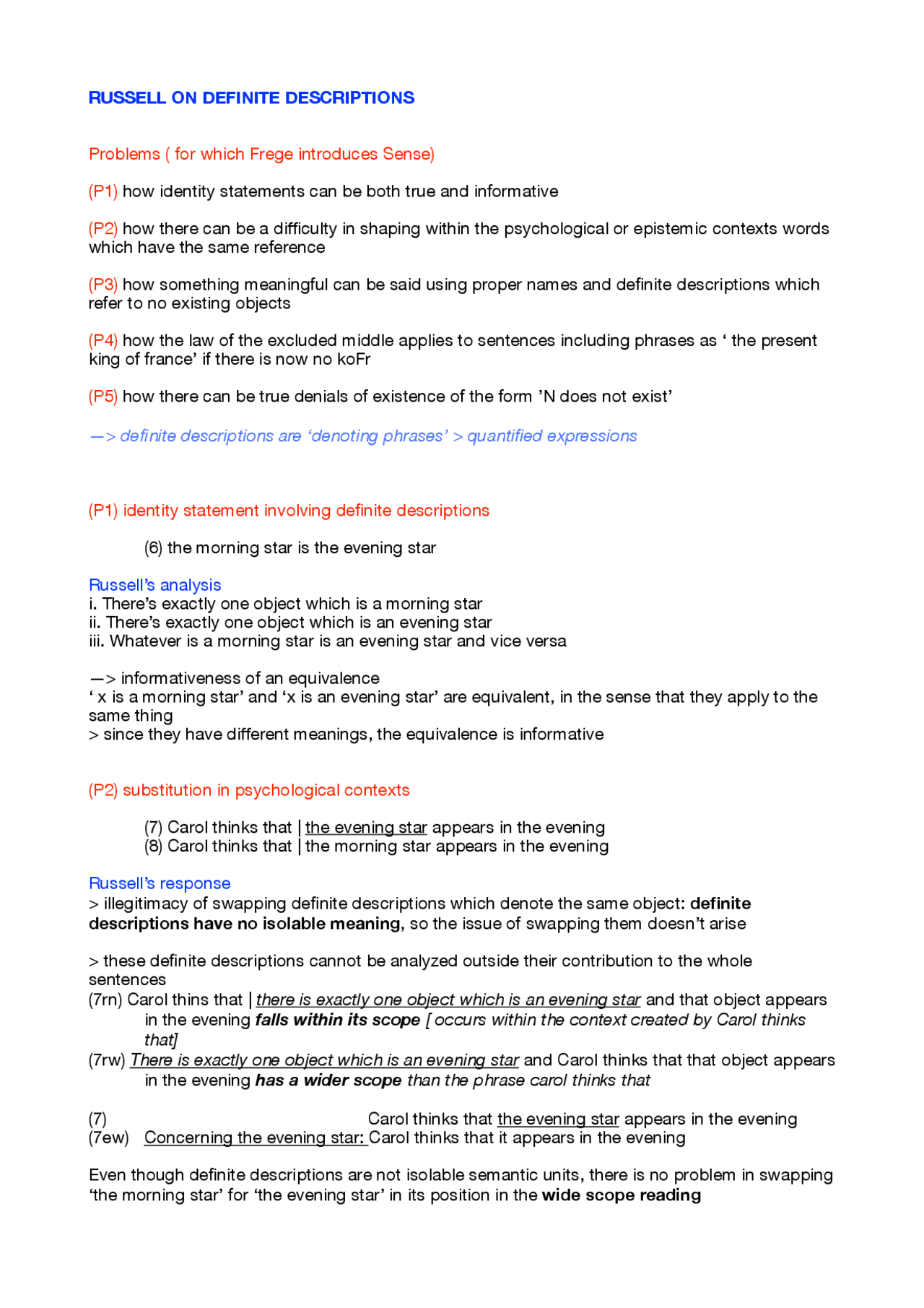 Russell on definite descriptions | Study notes of Philosophy | Docsity