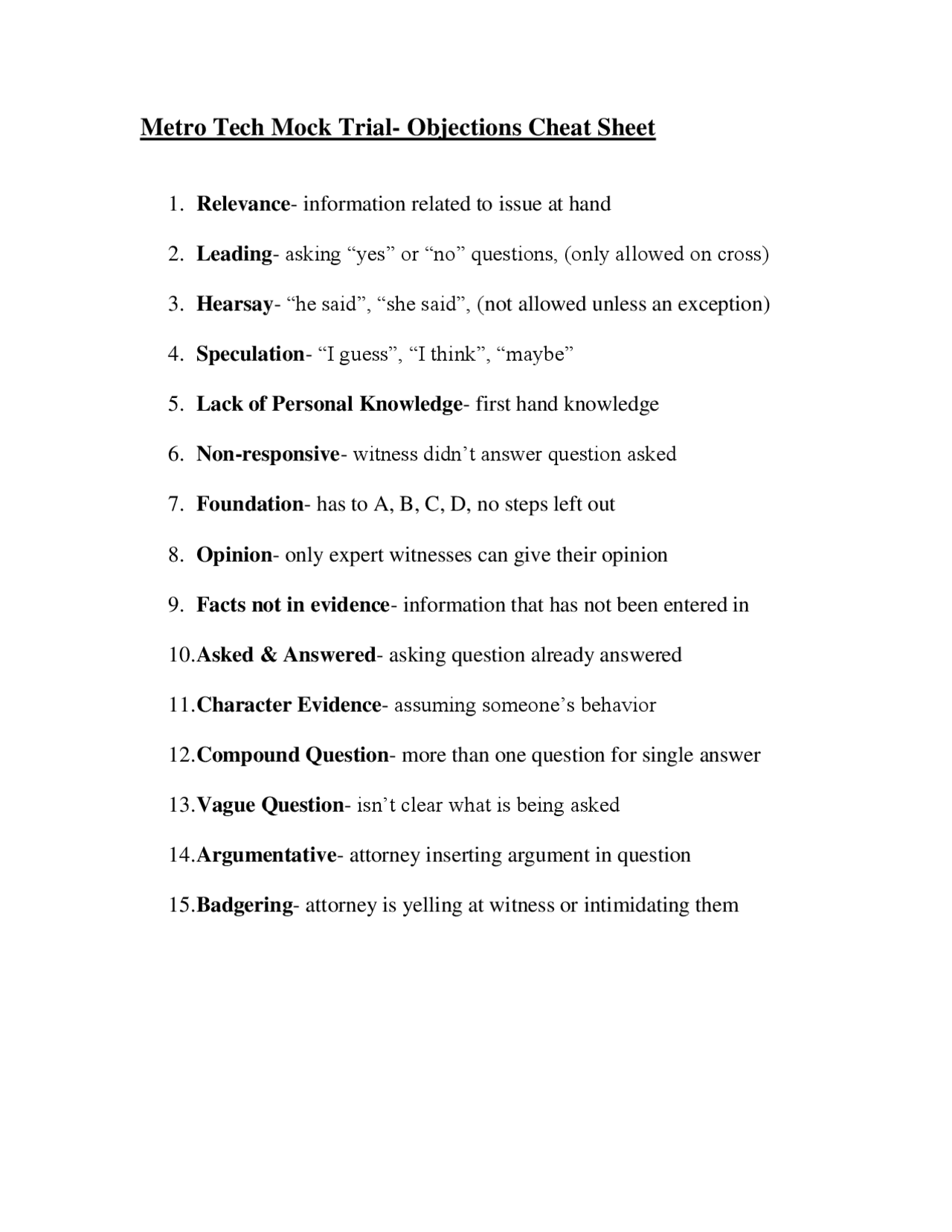 Trial Objections Cheat Sheet