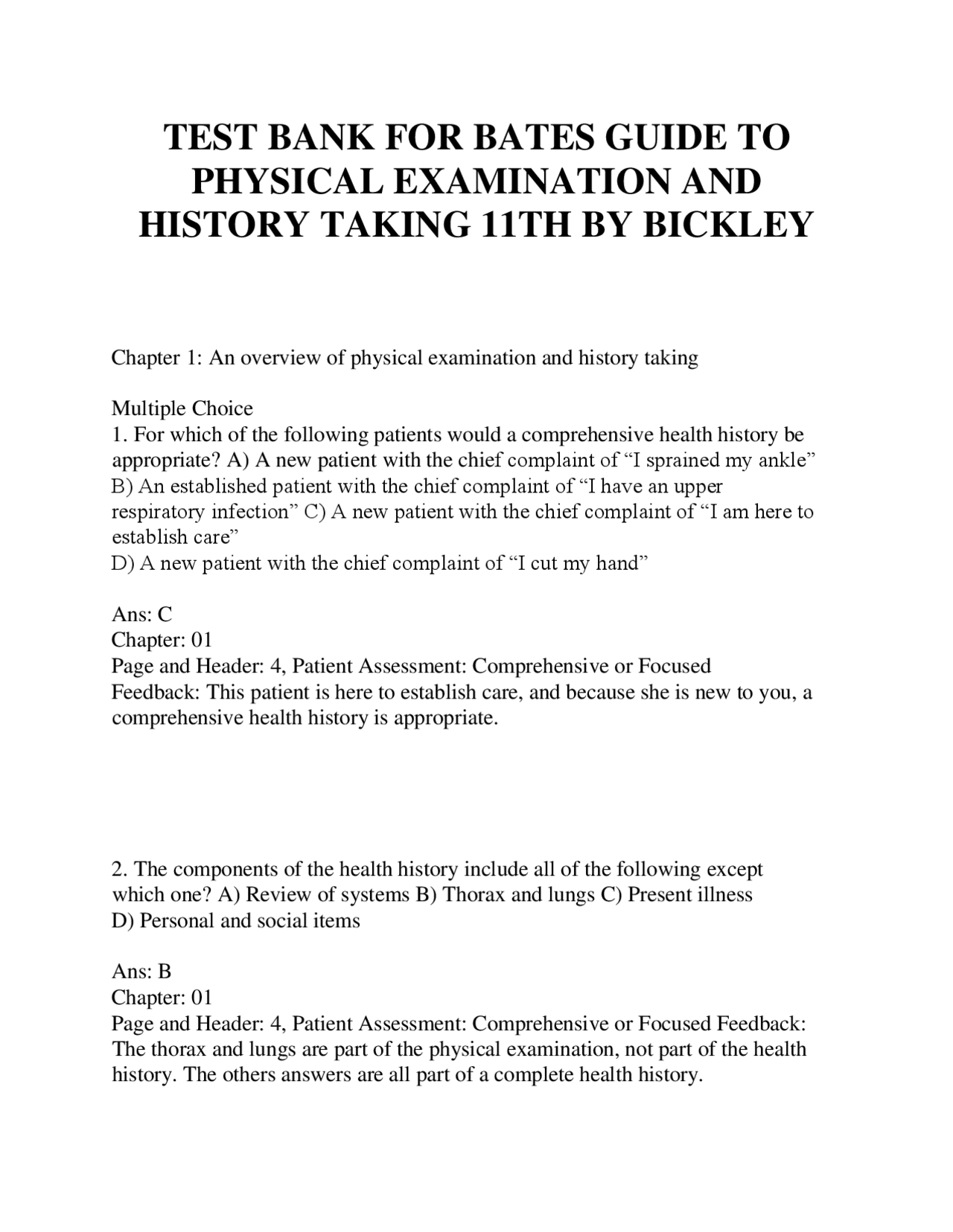 Bates guide to physical examination test bank Docsity