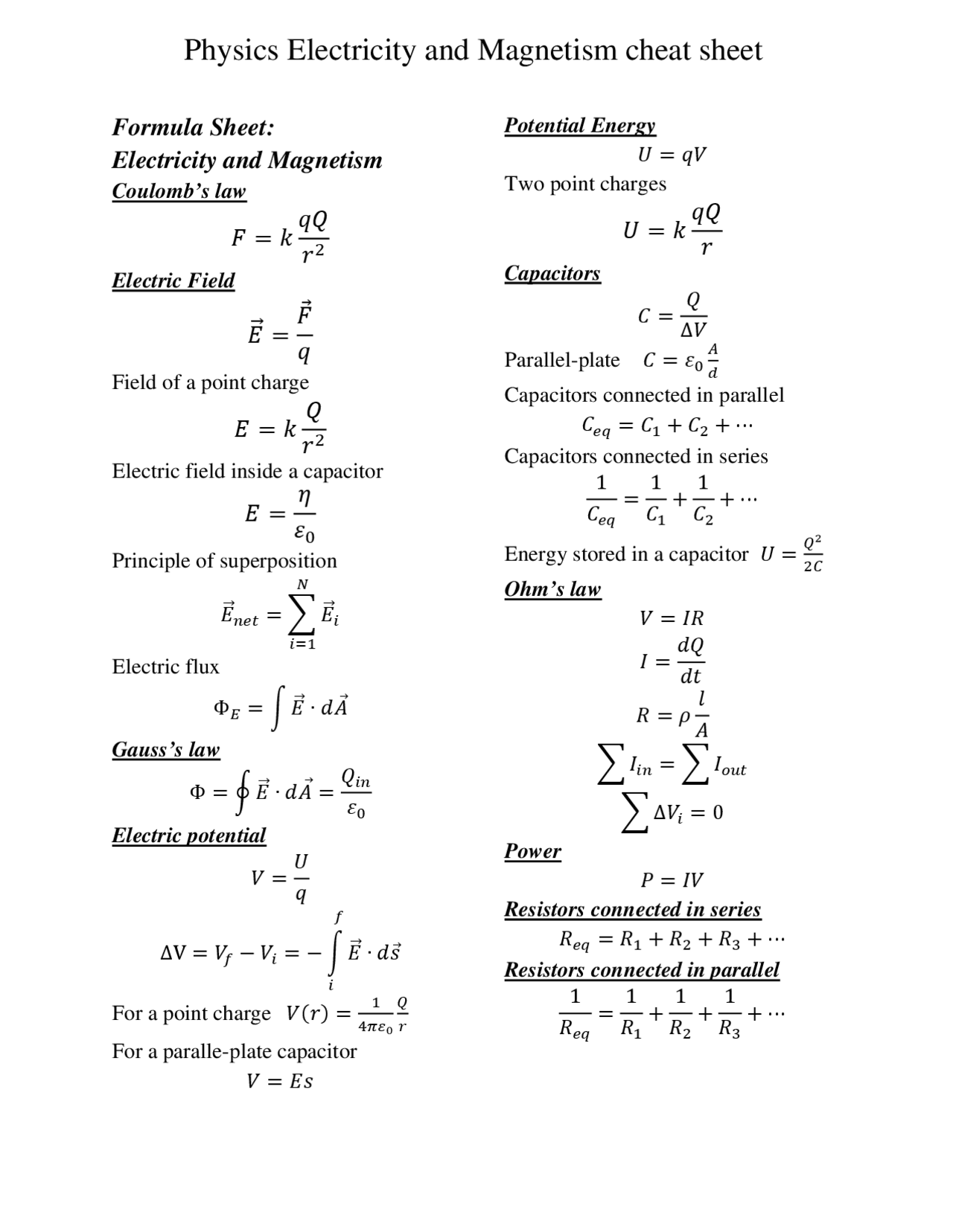Physics electricity and cheat sheet Cheat Sheet Physics
