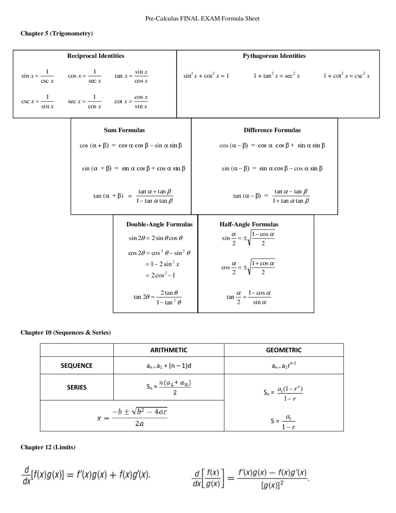PreCalculus FINAL EXAM Formula Sheet Docsity PreCalculus FINAL EXAM Formula Sheet Docsity