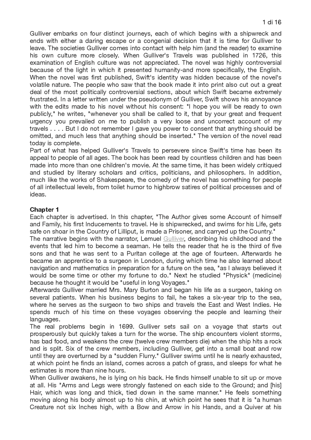 Gulliver's Travels summary and analysis Docsity