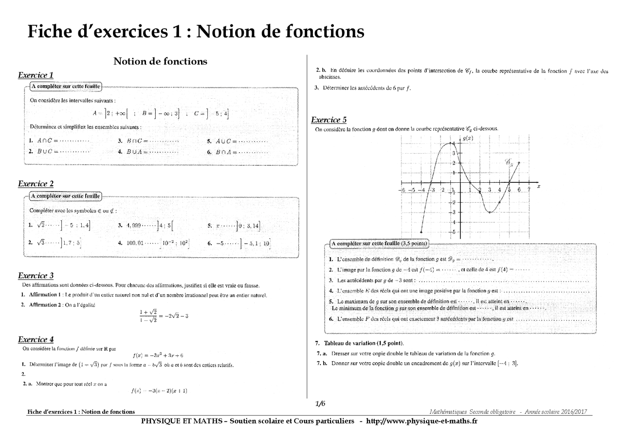 Fiche d’exercices 1: Notion de fonctions - Docsity