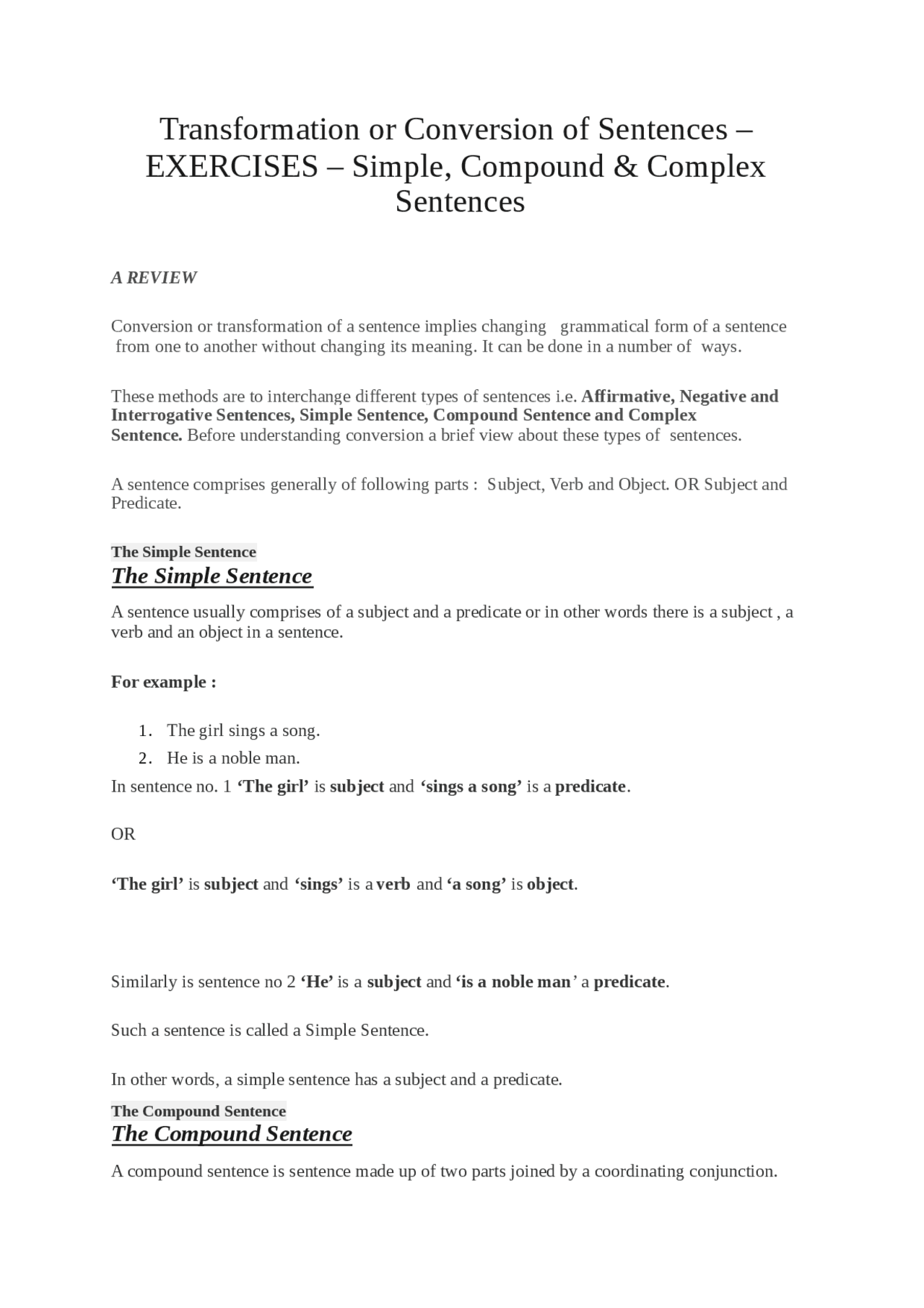 Transformation Or Conversion of Sentences - Docsity