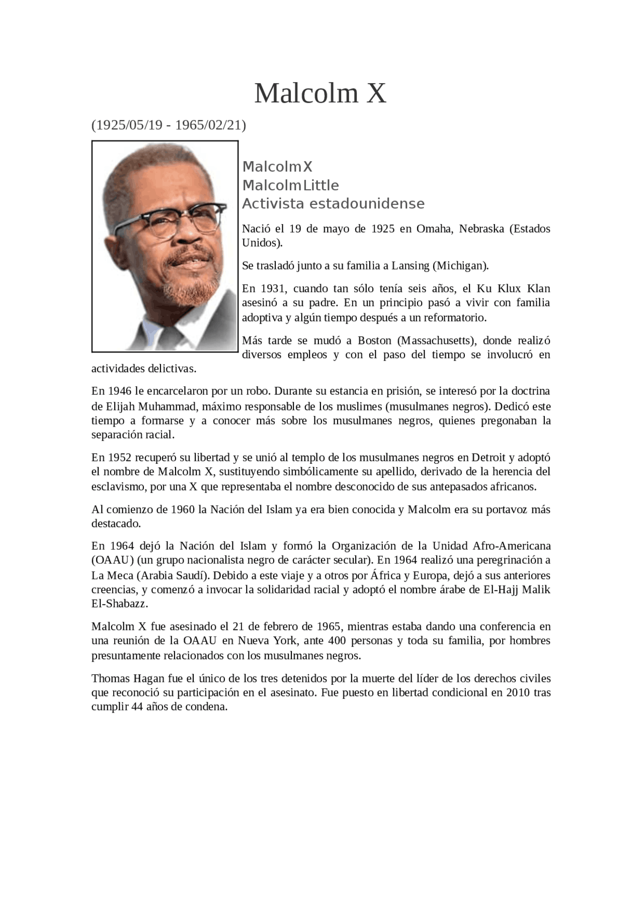 Resumen Biografia Malcom X Docsity