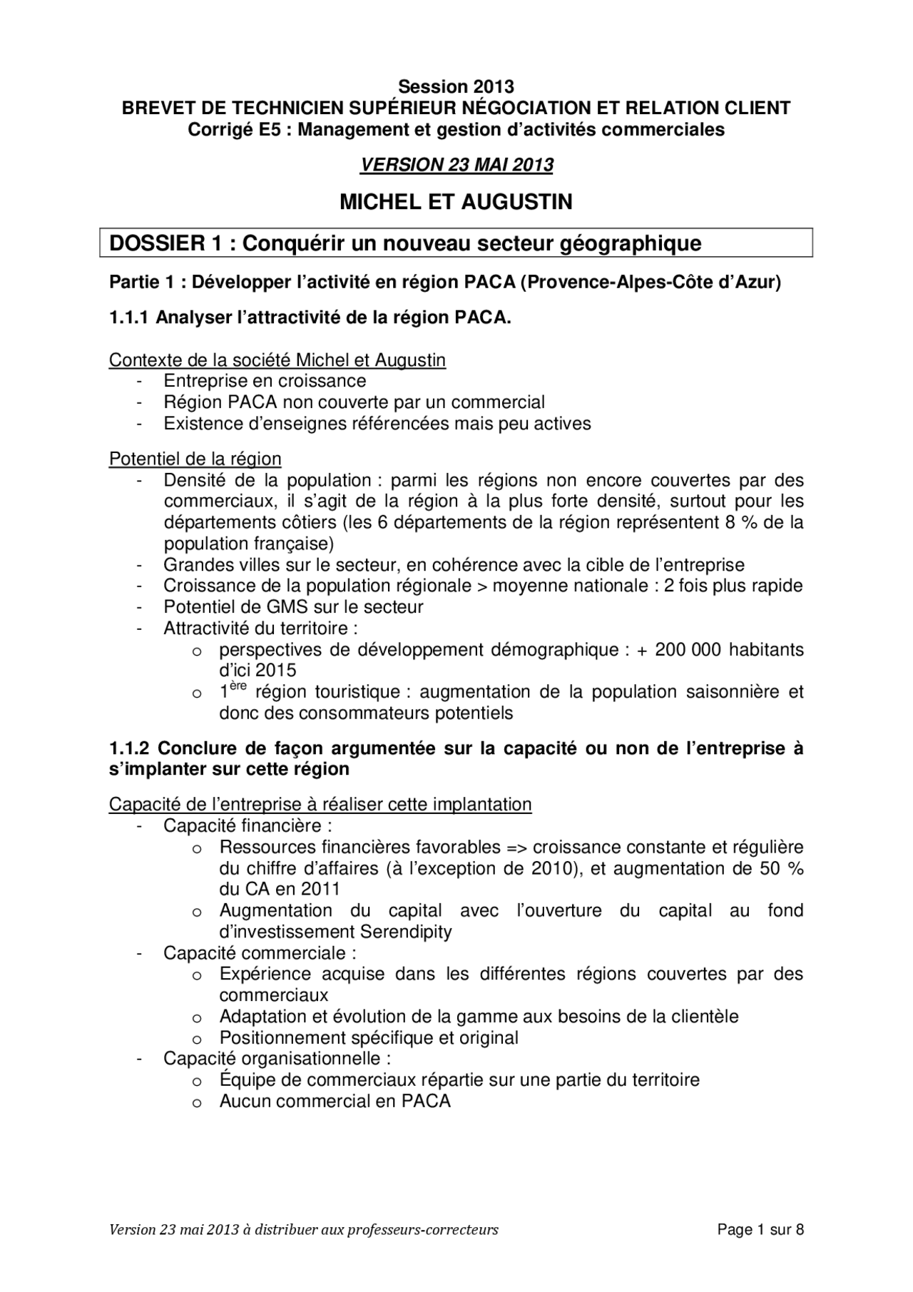 Cas Michel Et Augustin Management Corrigé Corrigé E5: Management et gestion d'activités commerciales | Examens  Gestion de la Relation Client | Docsity