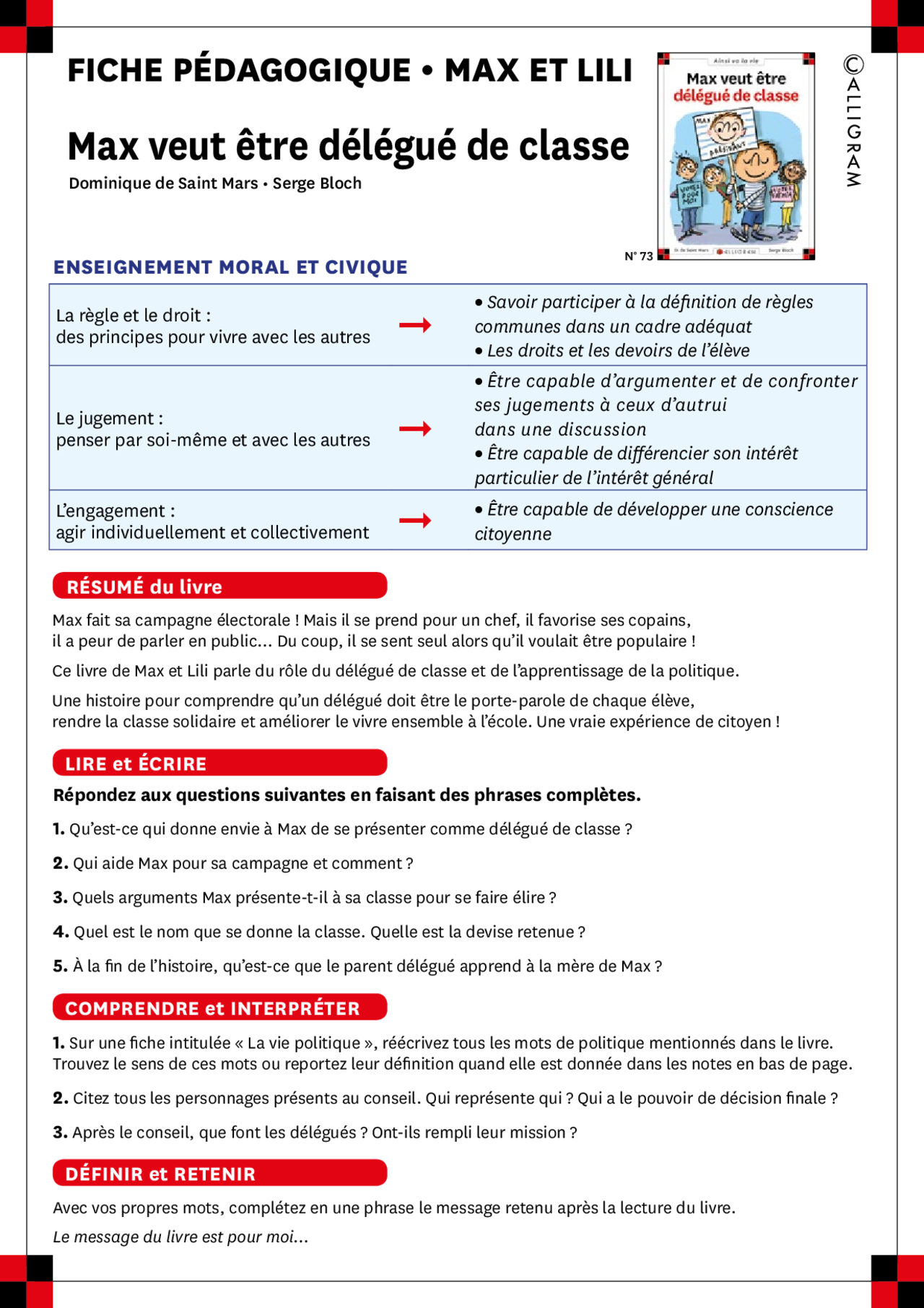 Max Veut être Délégué De Classe Pdf Fiche pédagogique Max et Lili: Max veut être délégué de classe | Notes  Littérature française | Docsity