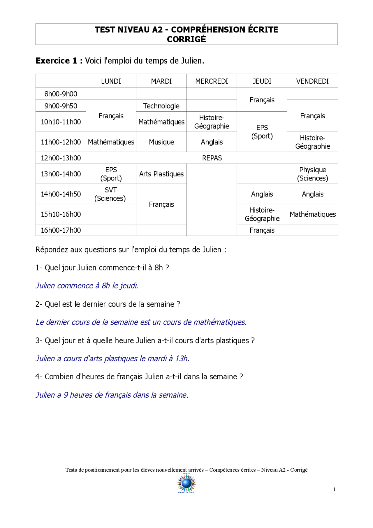 Test niveau a2 compréhension écrite corrigé exercice Docsity Test niveau a2 compréhension écrite corrigé exercice Docsity