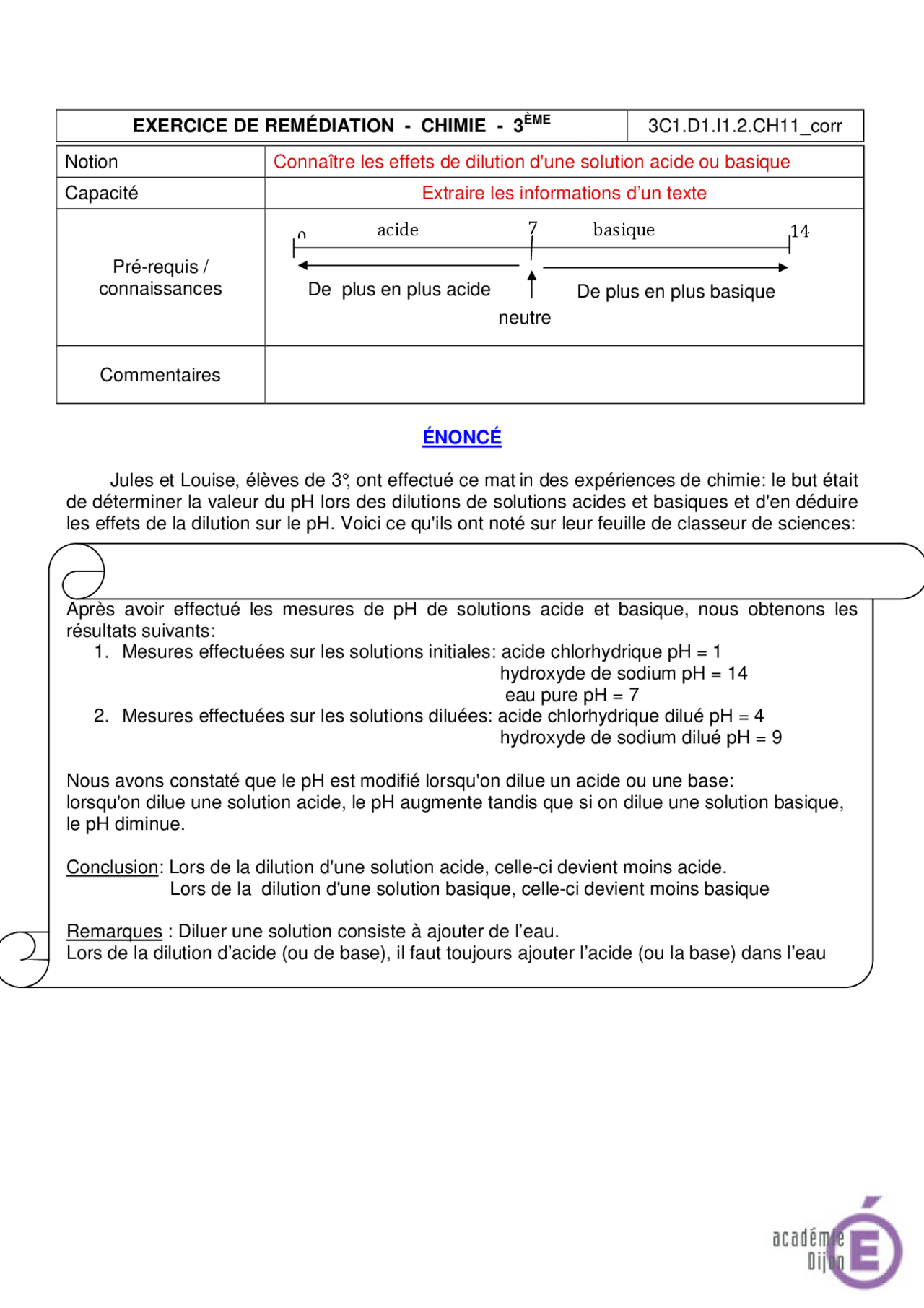 Solution Acide Et Basique 3ème Exercice Corrigé Exercice de remédiation chimie 3ème: effets de dilution d'une solution acide  ou basique | Exercices Chimie | Docsity