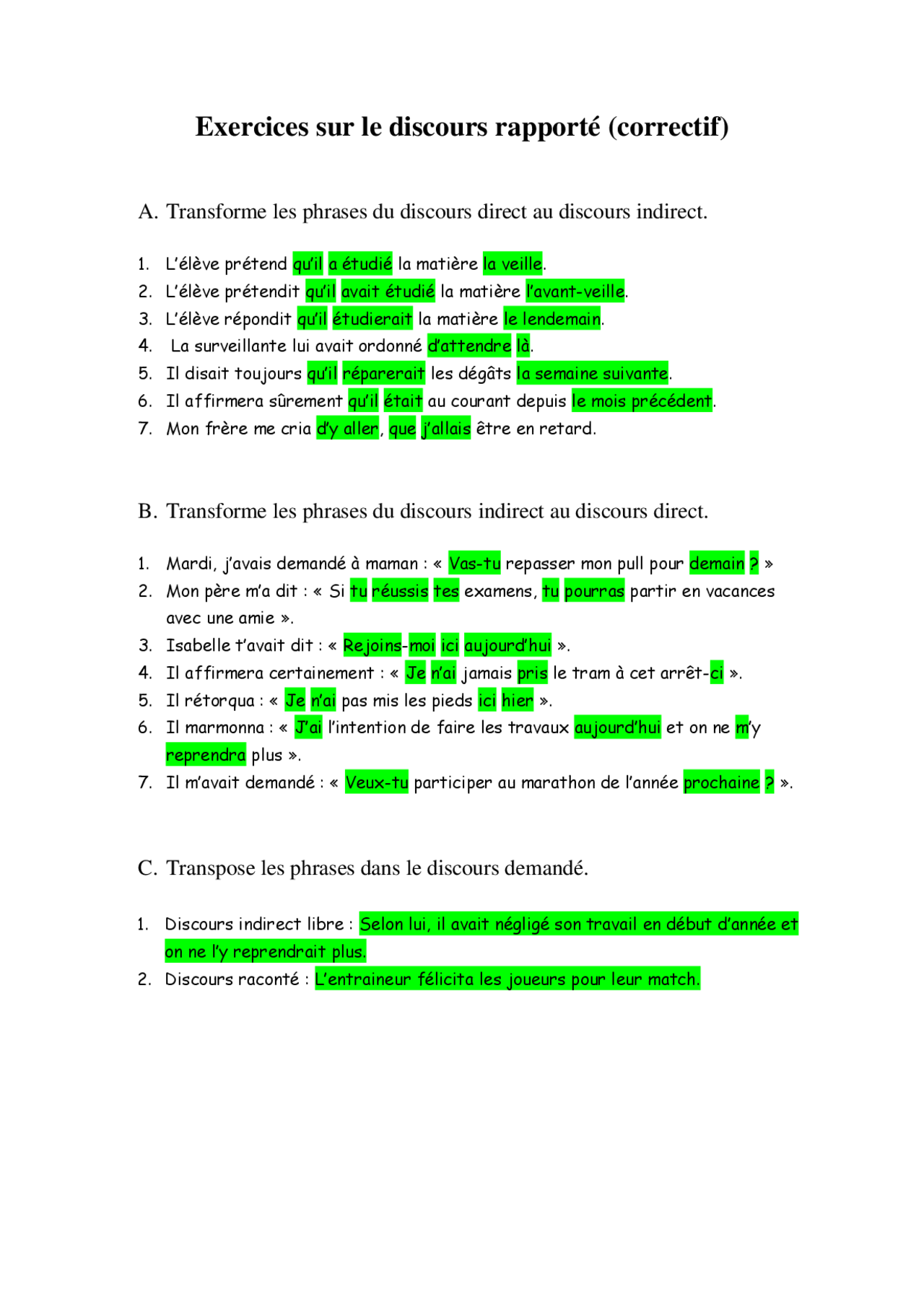 Exercice Discours Direct Indirect Indirect Libre
