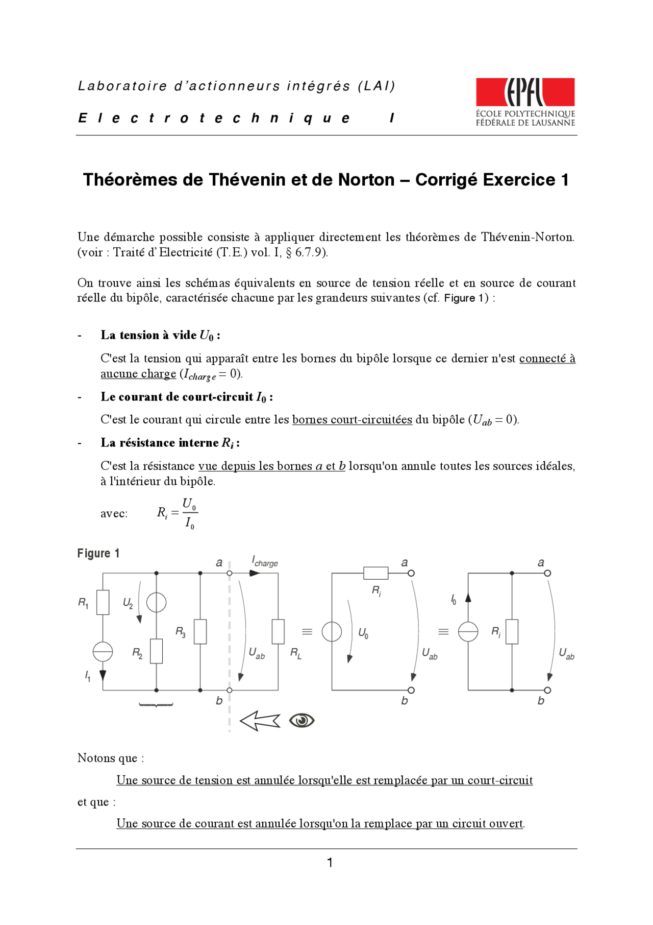 Théorèmes de Thévenin et de Norton Corrigé Exercice 1 Exercices — free download