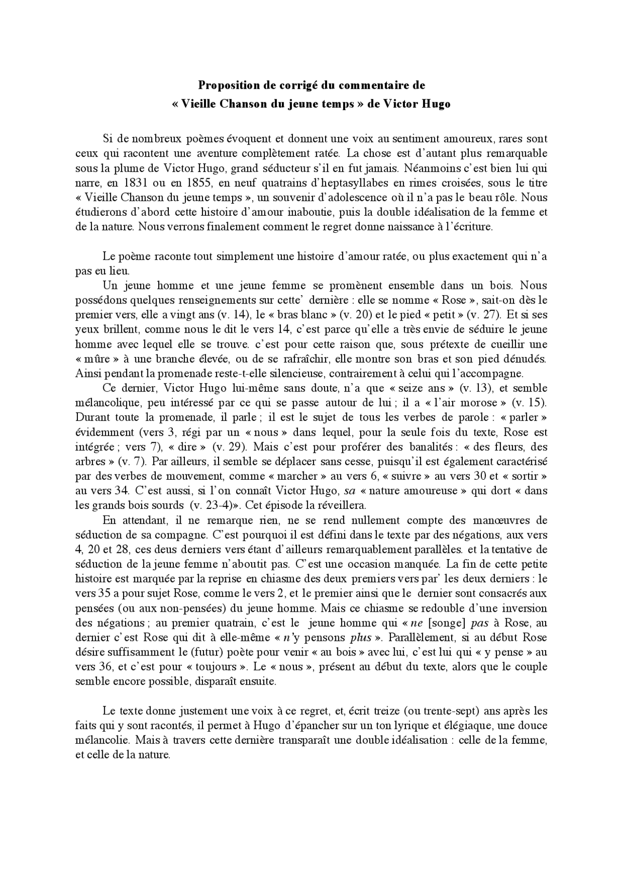 Analyse Linéaire Vieille Chanson Du Jeune Temps Proposition de corrigé du commentaire de « Vieille Chanson du jeune temps »  de Victor Hugo | Guide, Projets, Recherche Littérature française | Docsity
