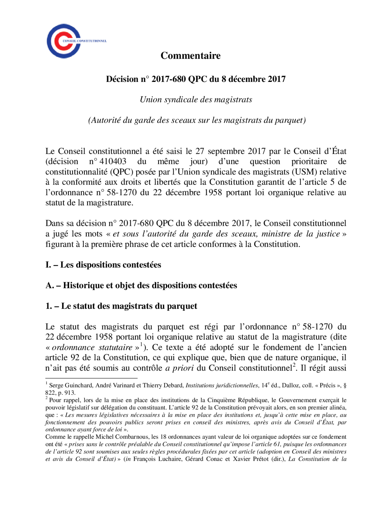 Commentaire De Décision Du Conseil Constitutionnel Méthodologie Commentaire de la décision n 2017680 qpc du 8 décembre 2017 | Guide,  Projets, Recherche Droit constitutionnel | Docsity