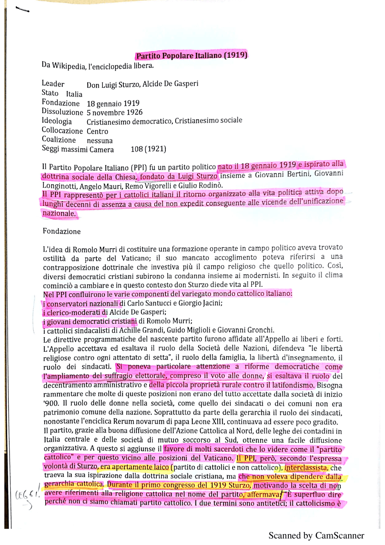 Partito popolare italiano(1919) Dispense di Storia Politica Docsity