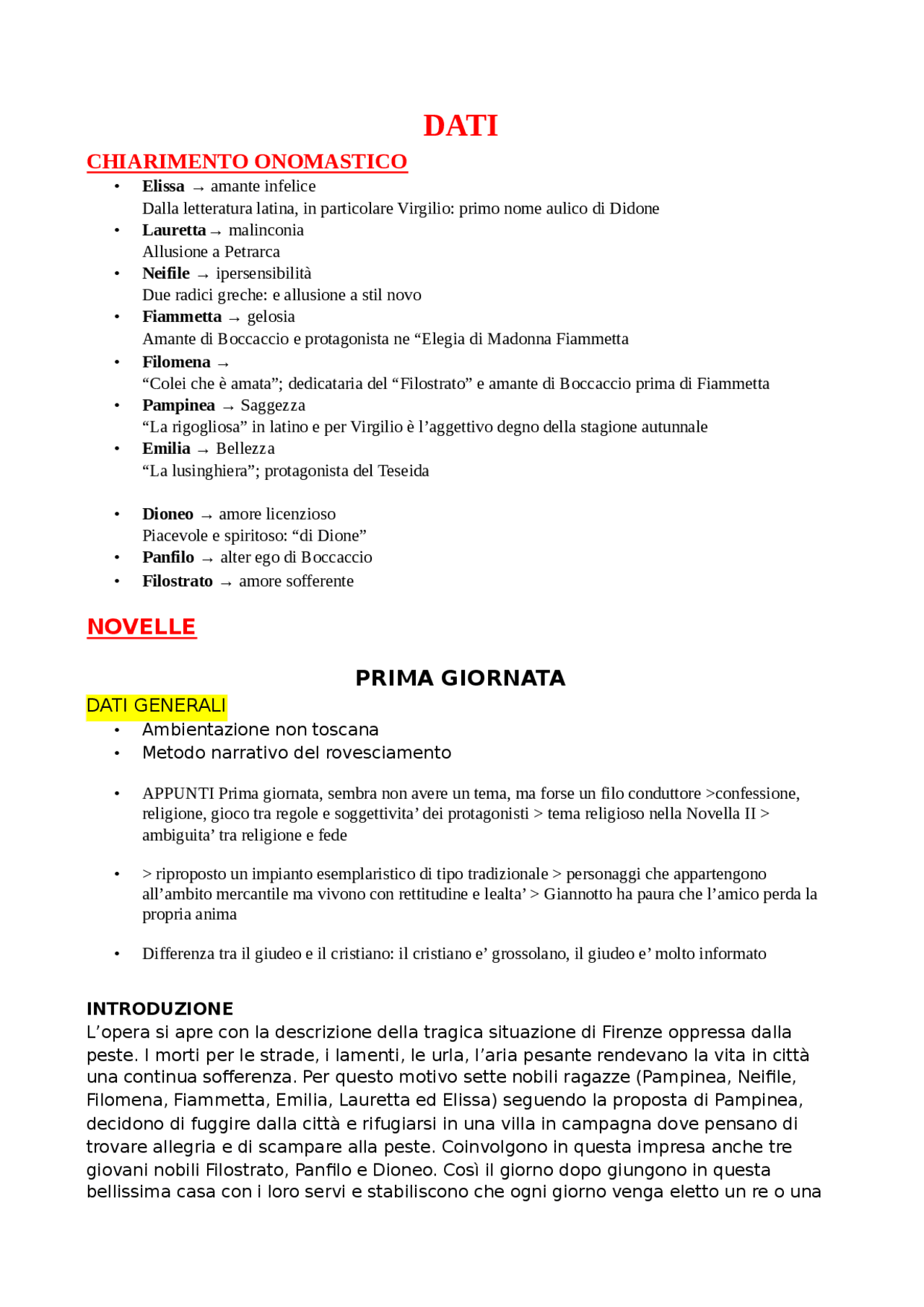 Trame di tutte e 100 le novelle del Decameron Sintesi del corso di