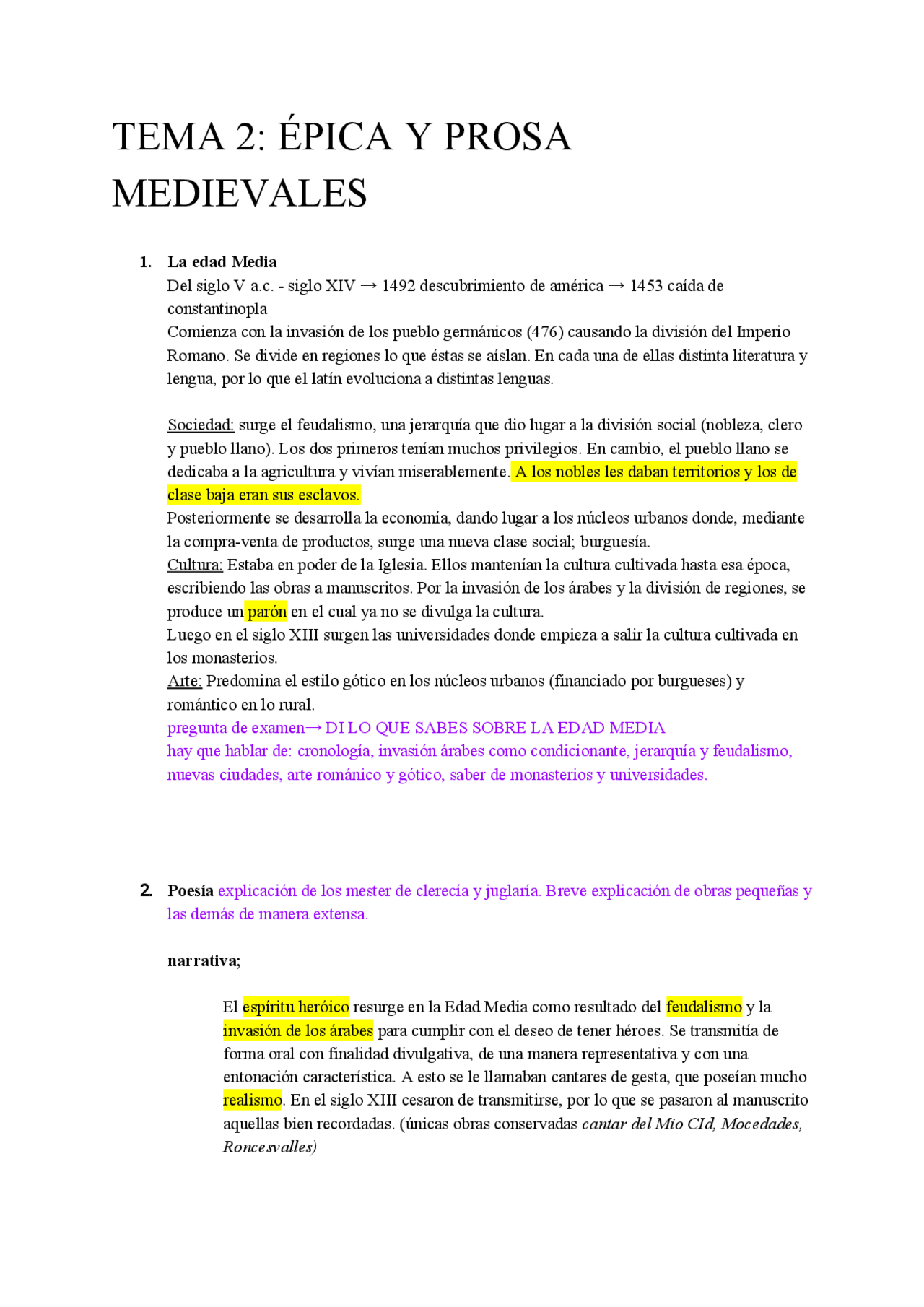 Epica Y Prosa Medieval Lengua Docsity