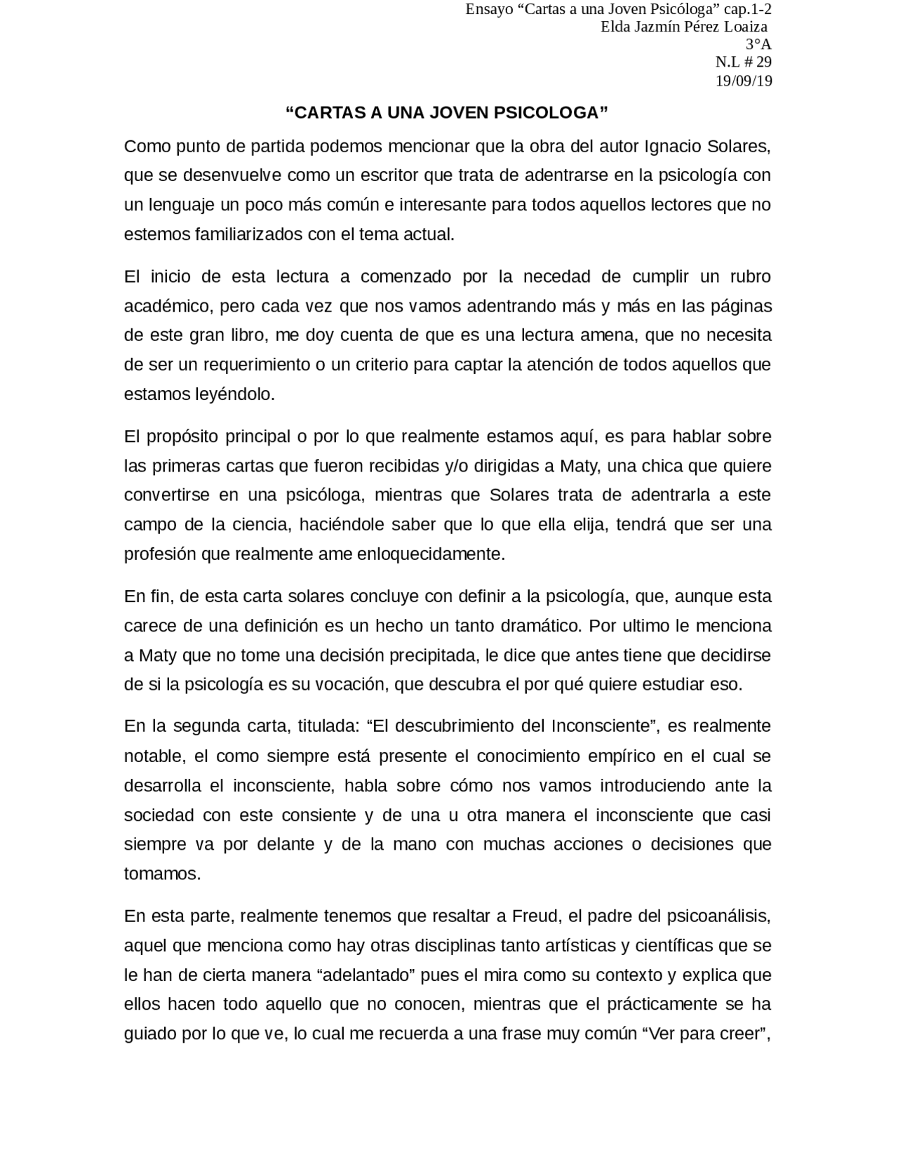 Pensamiento Acerca Del Libro Cartas A Una Joven Psicologa Para Tarea De Redaccion De Ensayo De Psicologia Docsity