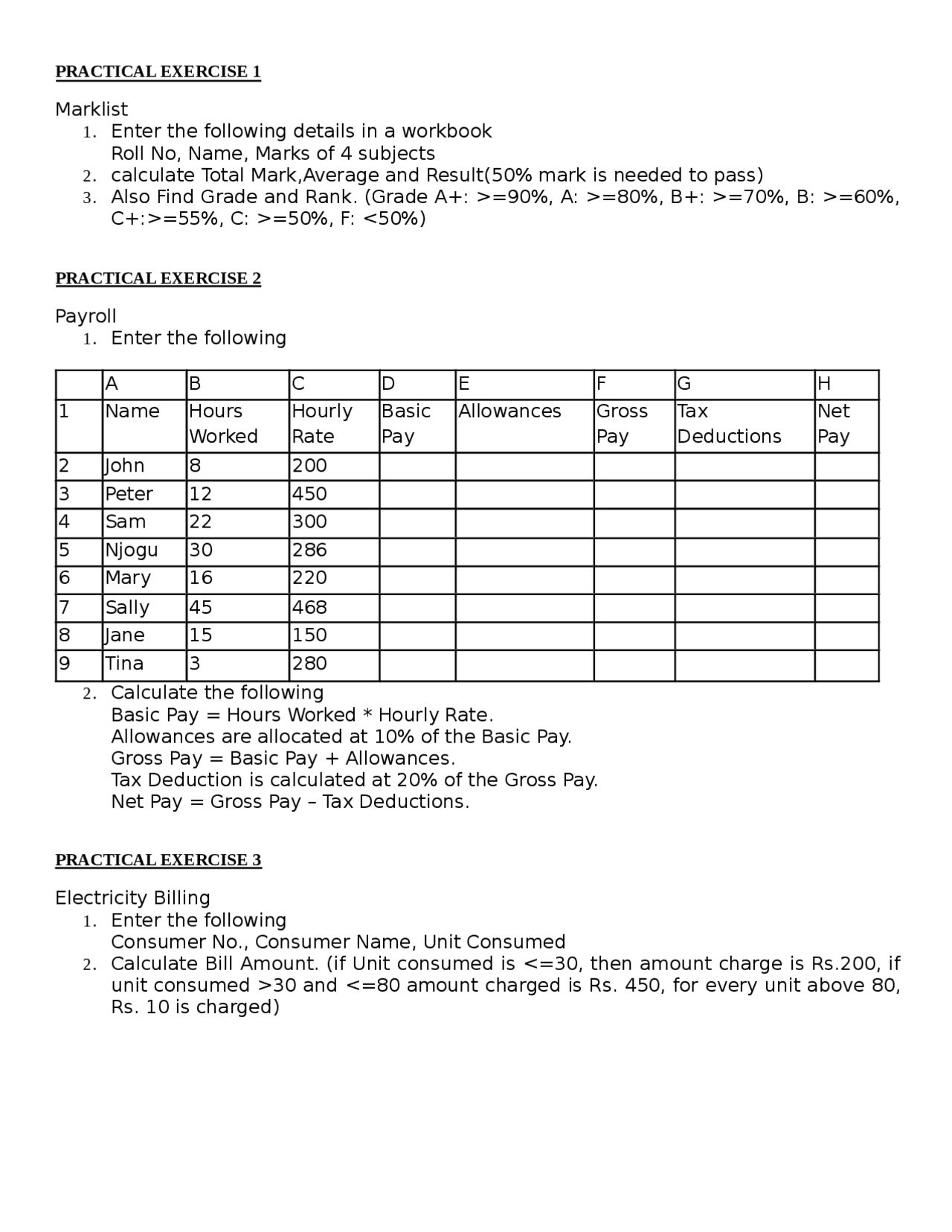 Spreadsheet Computer Lab Exercise Microsoft Excel lab excercise | Exercises Computer science | Docsity