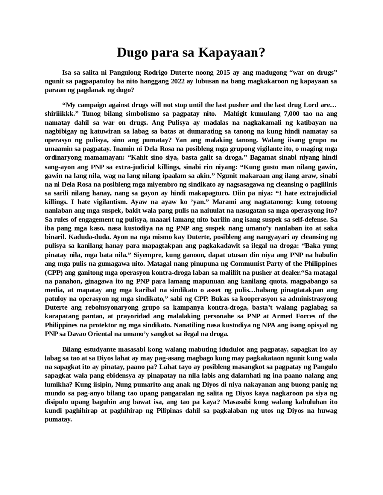 Essay tungkol sa war on drugs Docsity