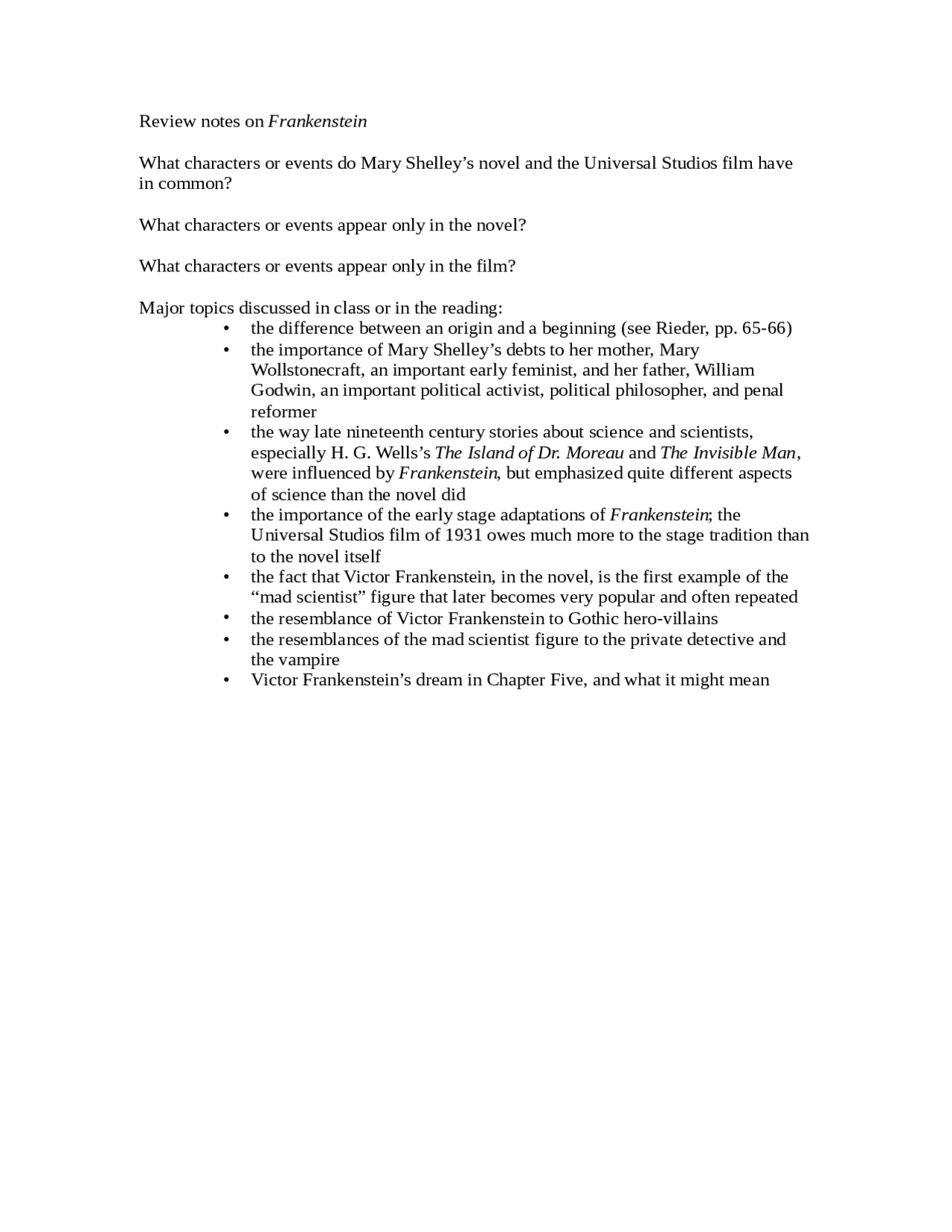 Domande esame: Frankenstein e Ubik - John Rieder - Docsity