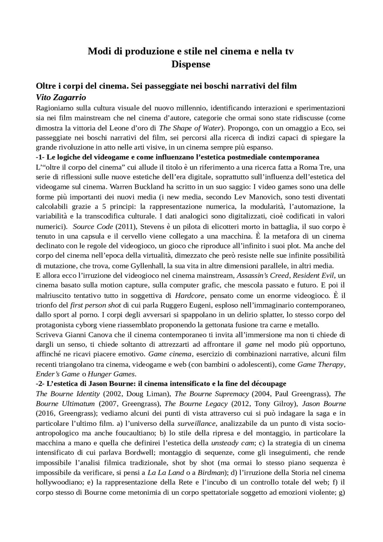 Modi di produzione e stile nel cinema e nella tv RIASSUNTO DISPENSE ...