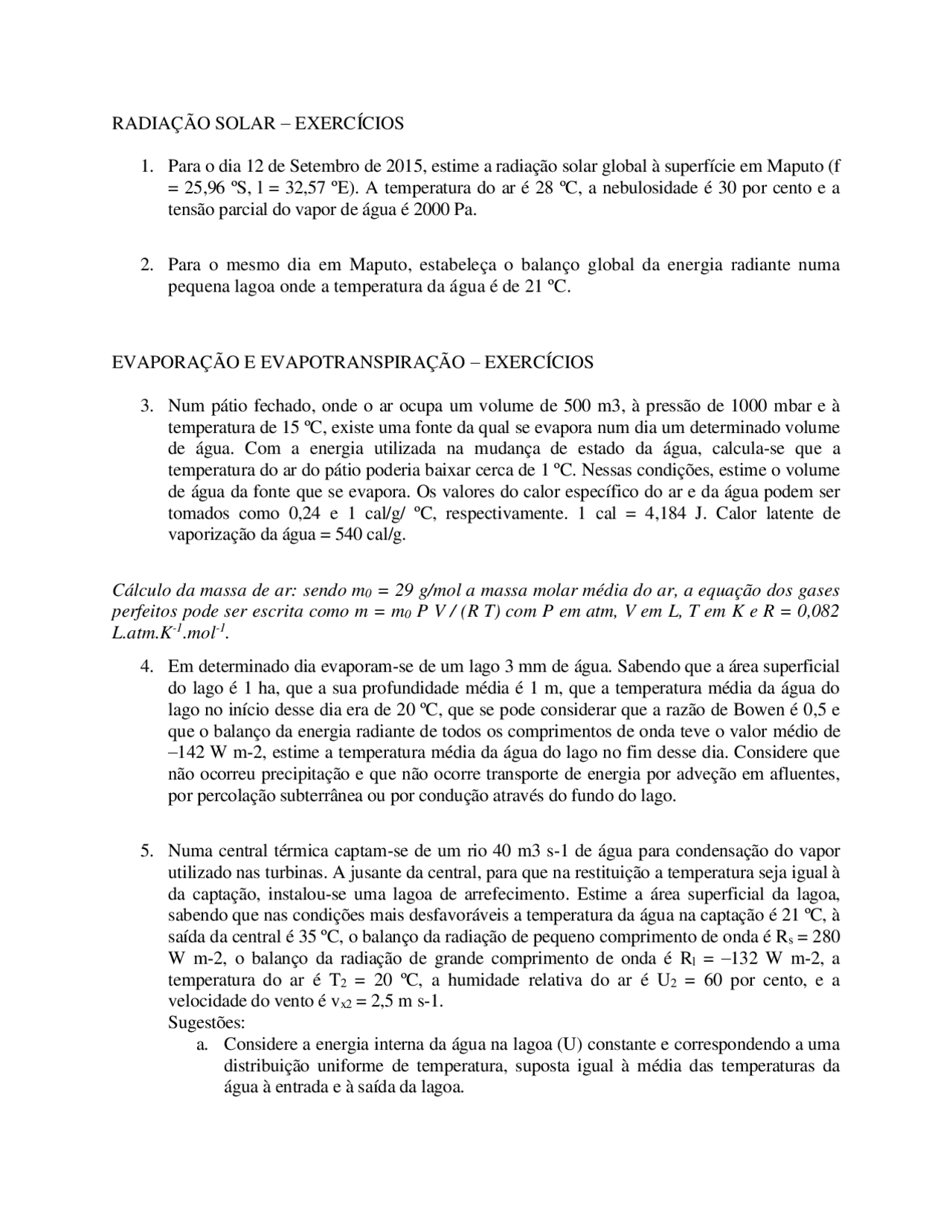 Exercicios Evaporacao E Radiacao Hidrologia Docsity