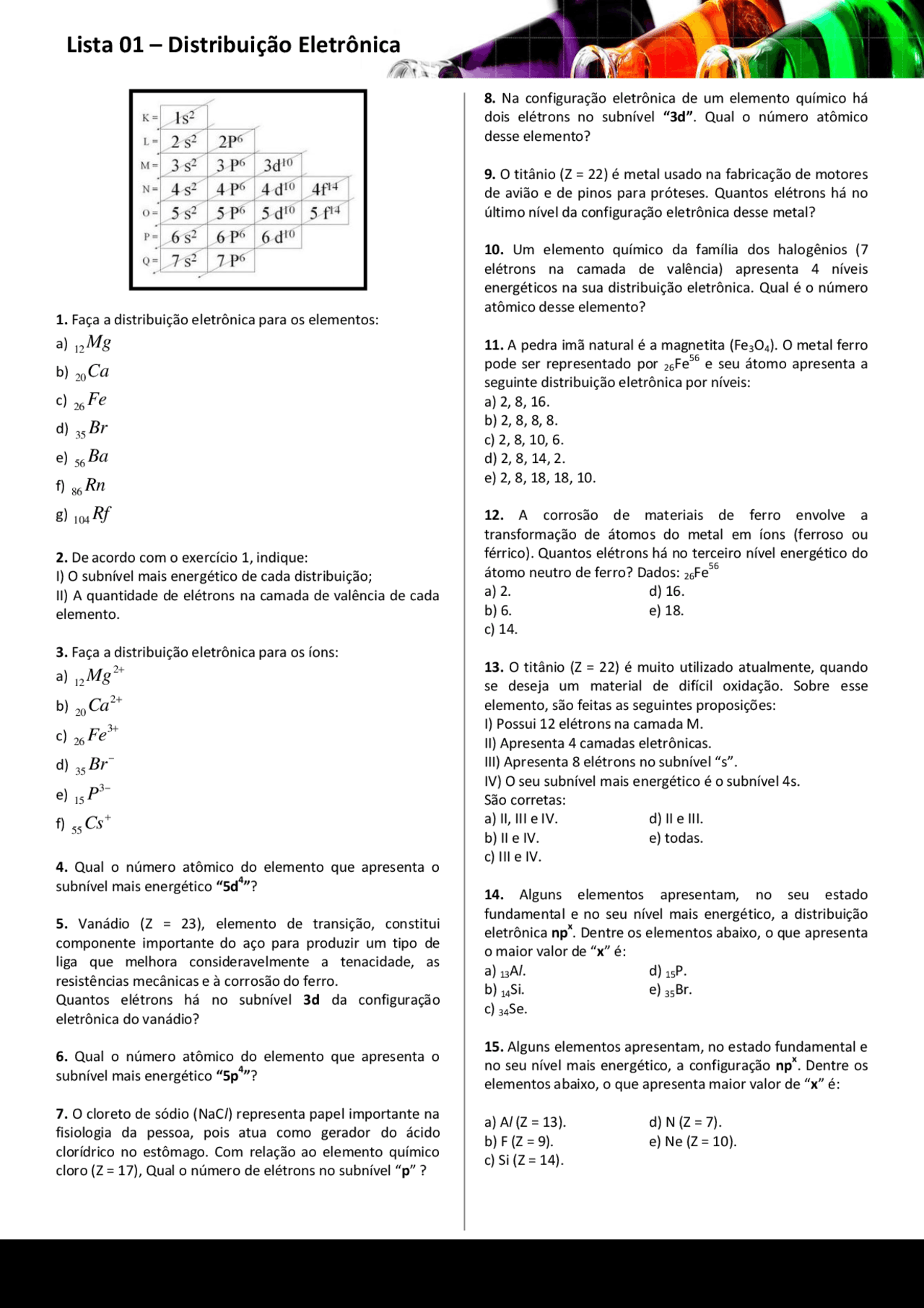 Distribuicao eletronica Linus Pauling | Exercícios Química | Docsity