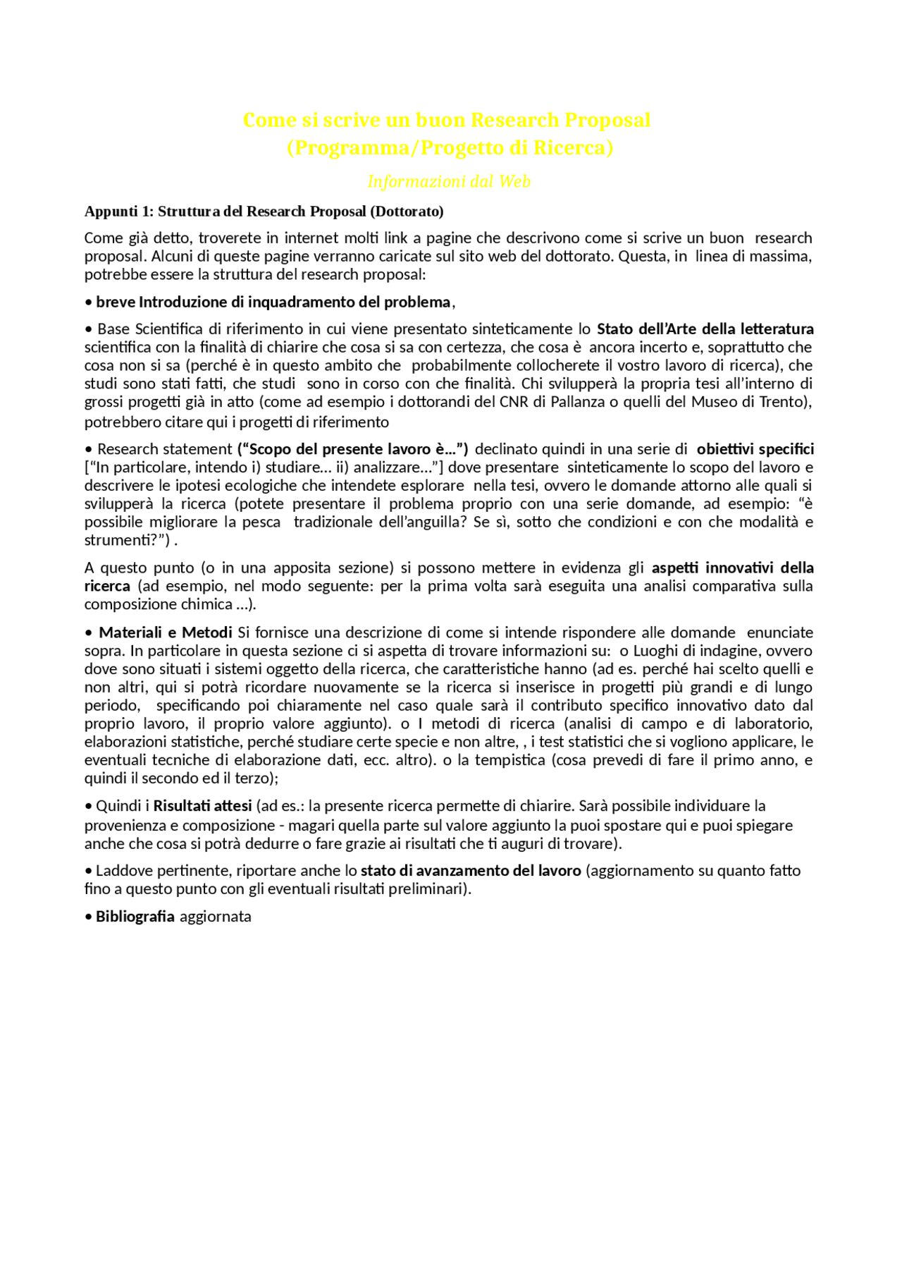 Punti fondamentali su come scrivere un proetto di ricerca | Appunti di ...