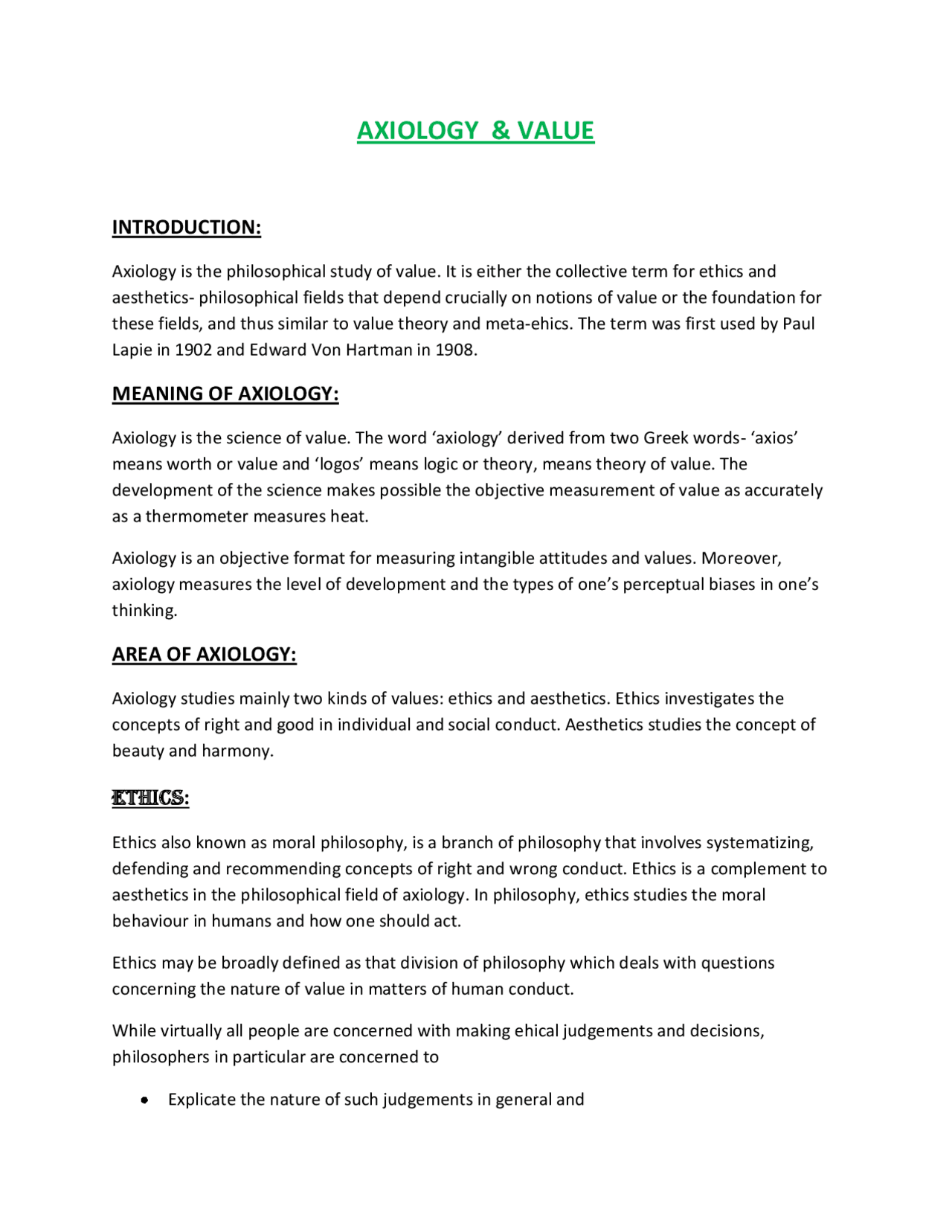 Axiology and it's types | Lecture notes Philosophy - Docsity