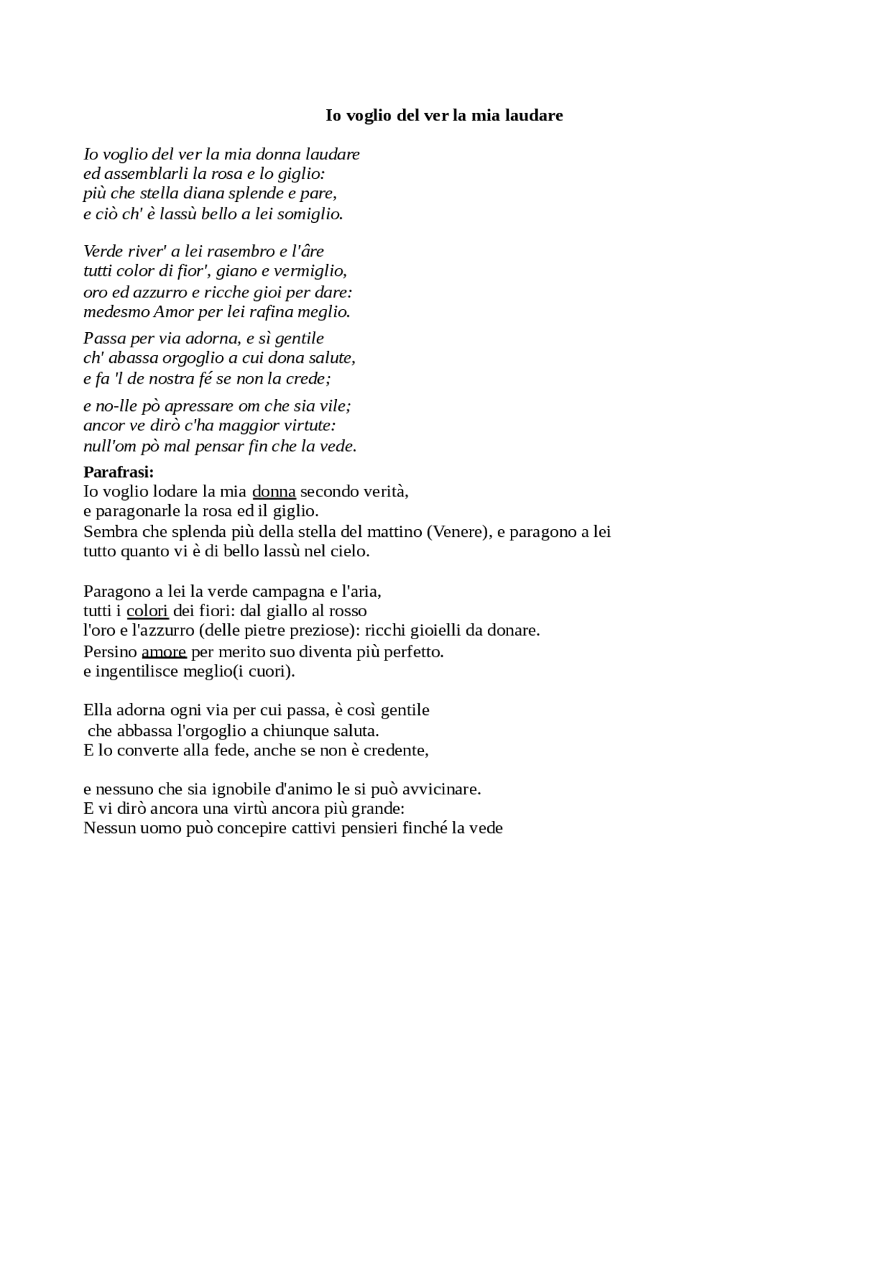 IO VOGLIO DEL VER LA MIA DONNA LAUDARE Docsity