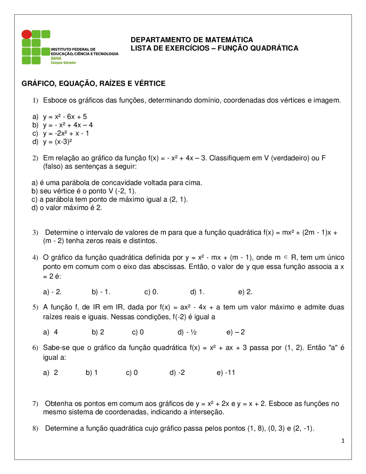 Exercicios Sobre Função Quadratica - FDPLEARN