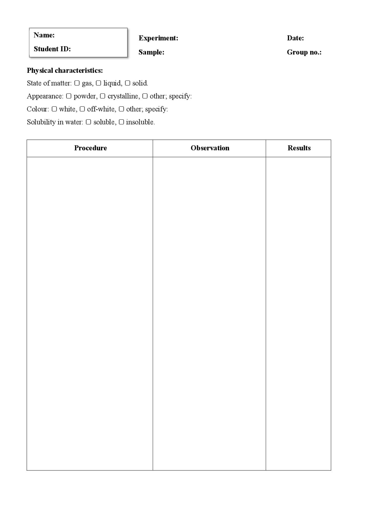 Lab Testing Blank Note Blank form of Lab report - Docsity